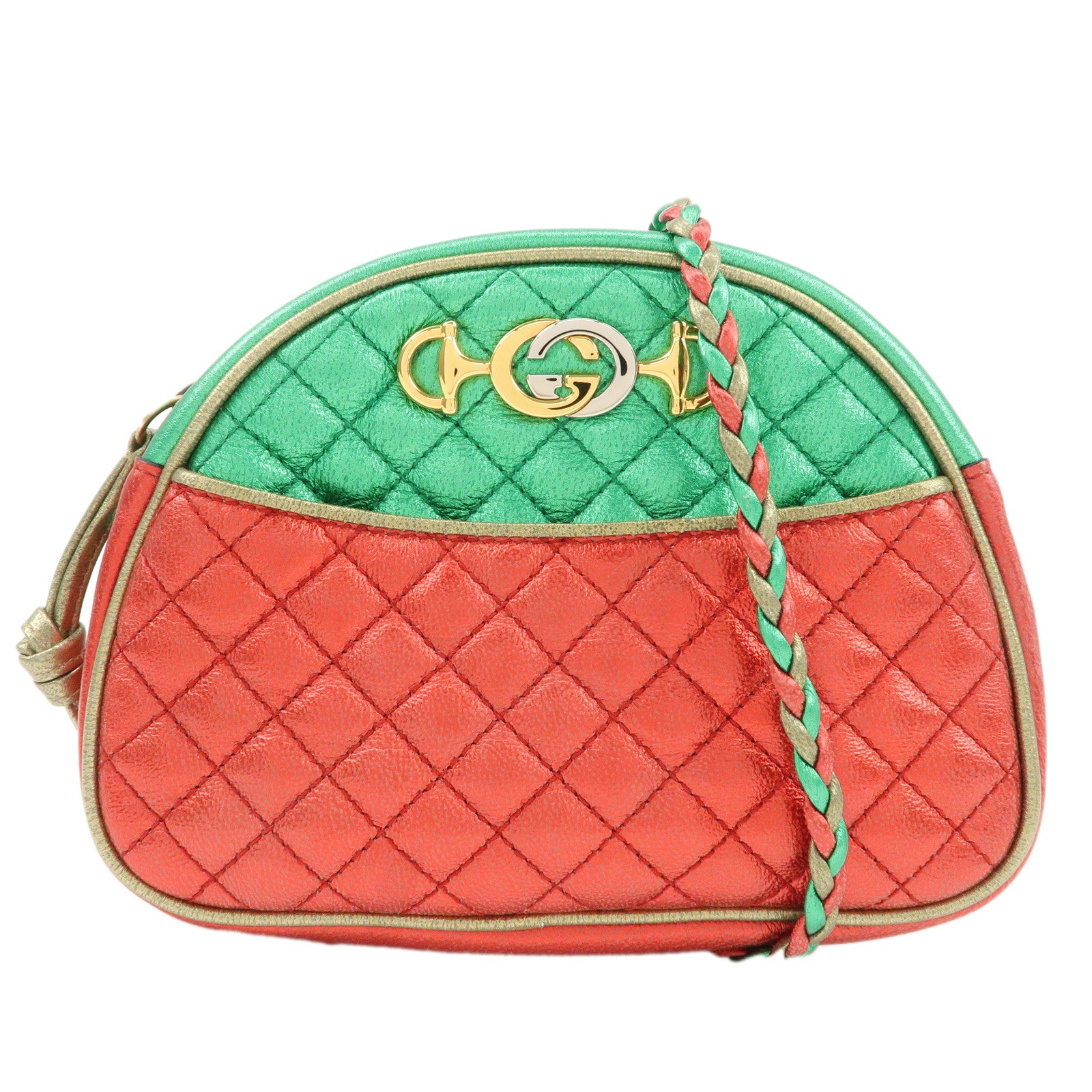 GUCCI-Laminate-Quilting-Leather-Shoulder-Bag-Green-Red-Gold-534951