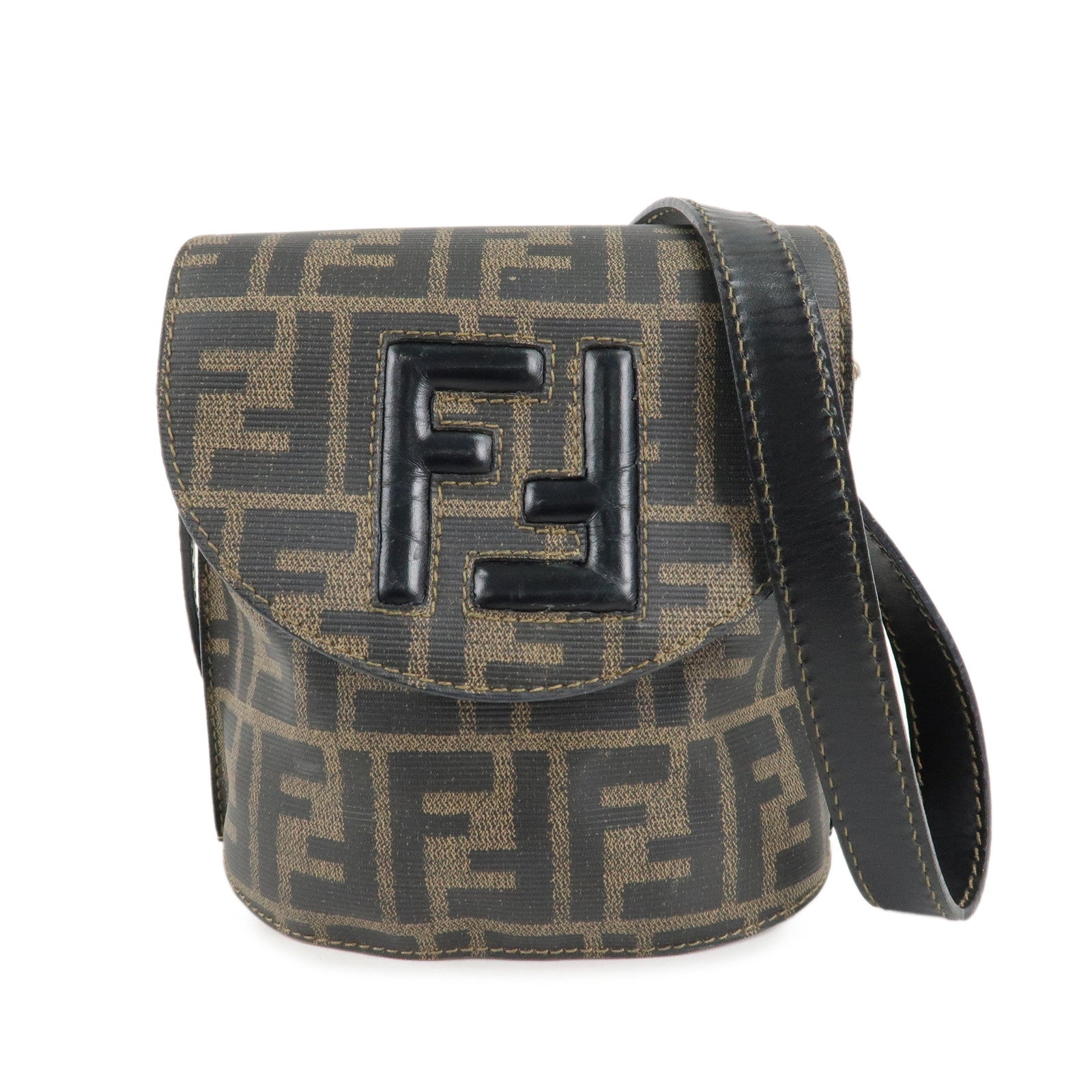 FENDI-Zucca-Logo-Print-PVC-Leather-Shoulder-Bag-Black-Brown