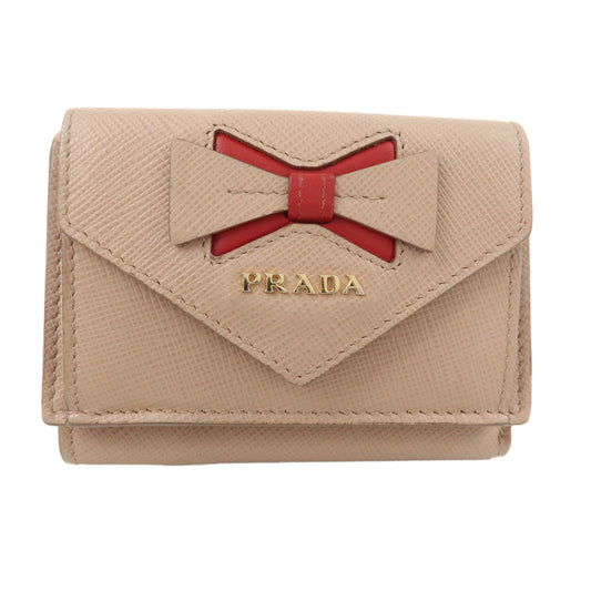 PRADA-Saffiano-Leather-Trifold-Wallet-Pink-Beige-Red-Ribbon-1MH021