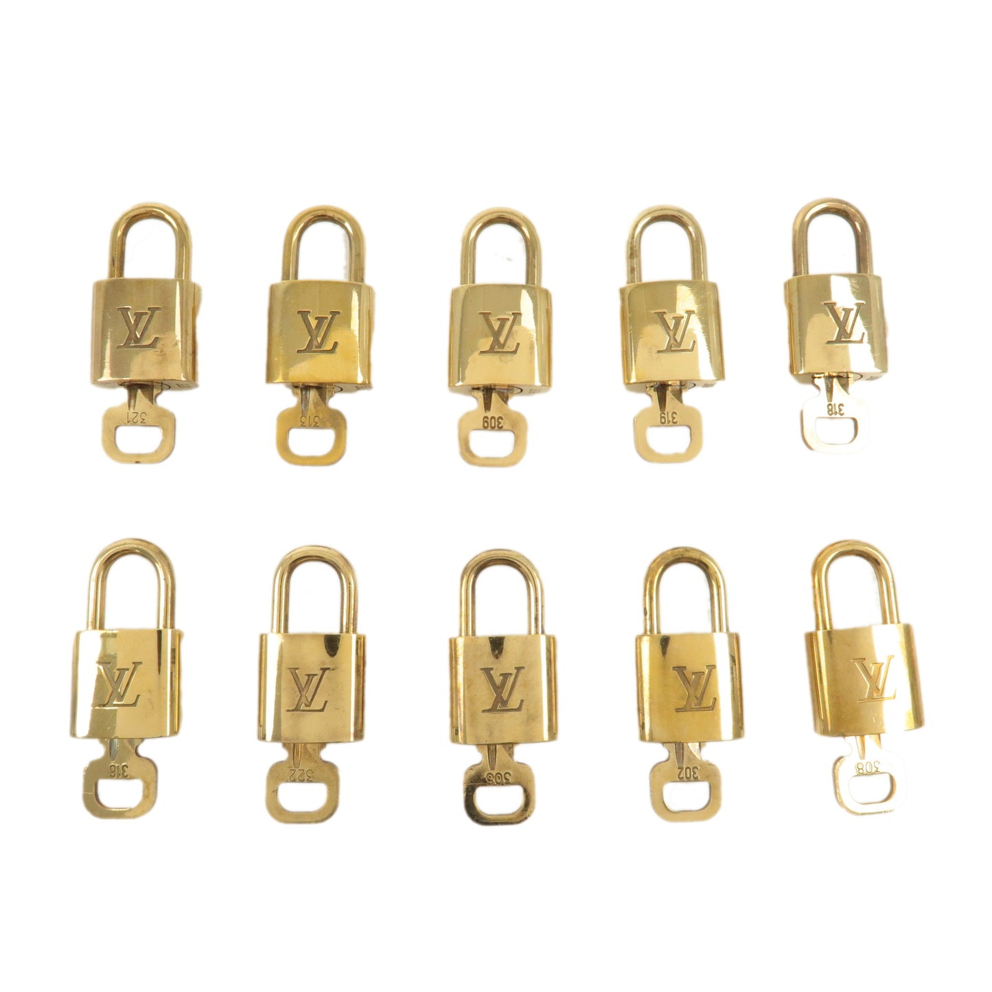 Louis-Vuitton-Set-of-10-Lock-&-Key-Cadena-Key-Lock-Gold