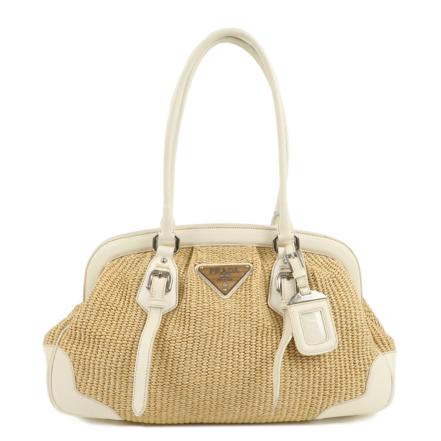 PRADA-Logo-Raffia-Leather-Hand-Bag-Shoulder-Bag-Ivory-BR3508