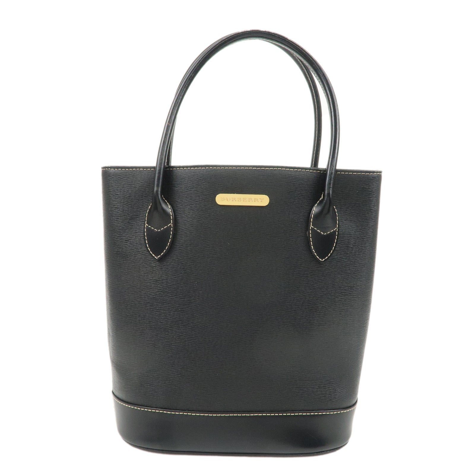 BURBERRY-Logo-Leather-Tote-Bag-Hand-Bag-Black