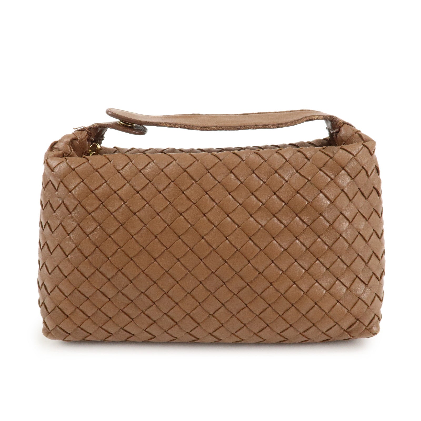 BOTTEGA-VENETA-Intrecciato-Leather-Hand-Bag-Gold-HDW-Brown