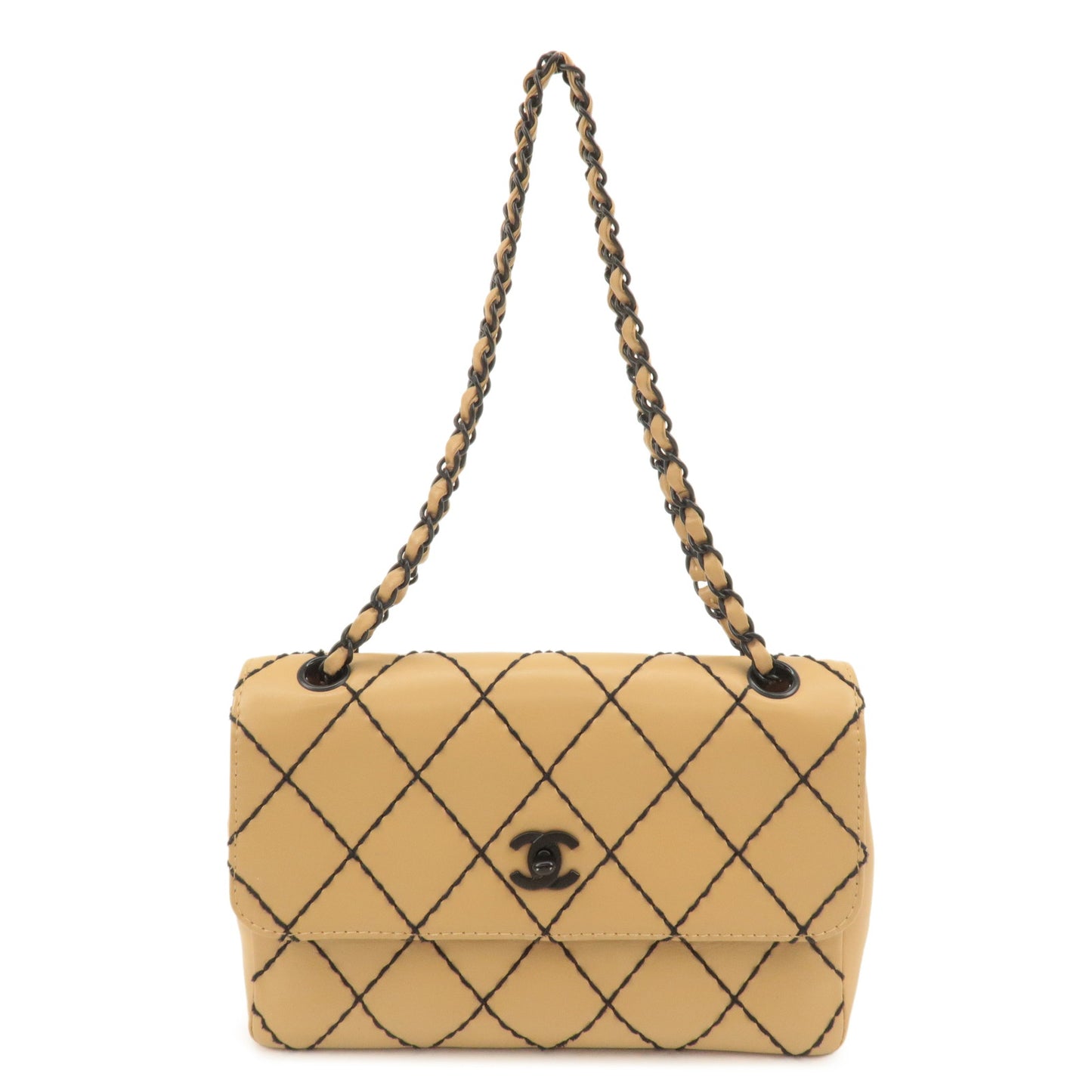 CHANEL-Wild-Stitch-Matelasse-Lambskin-Chain-Shoulder-Bag-Beige