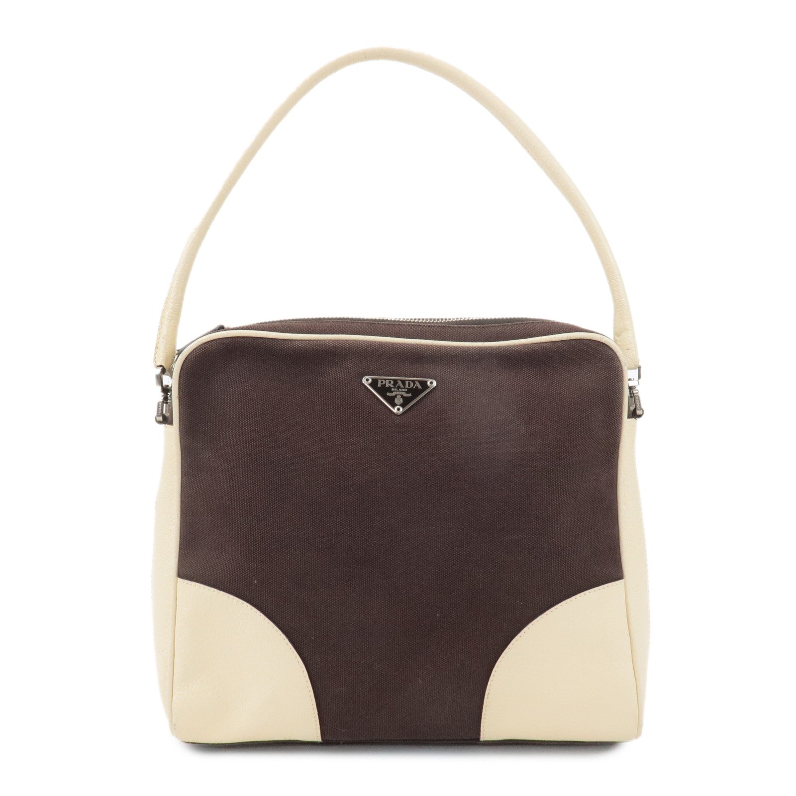 PRADA-Triangle-Logo-Canvas-Leather-Shoulder-Bag-Brown-Ivory