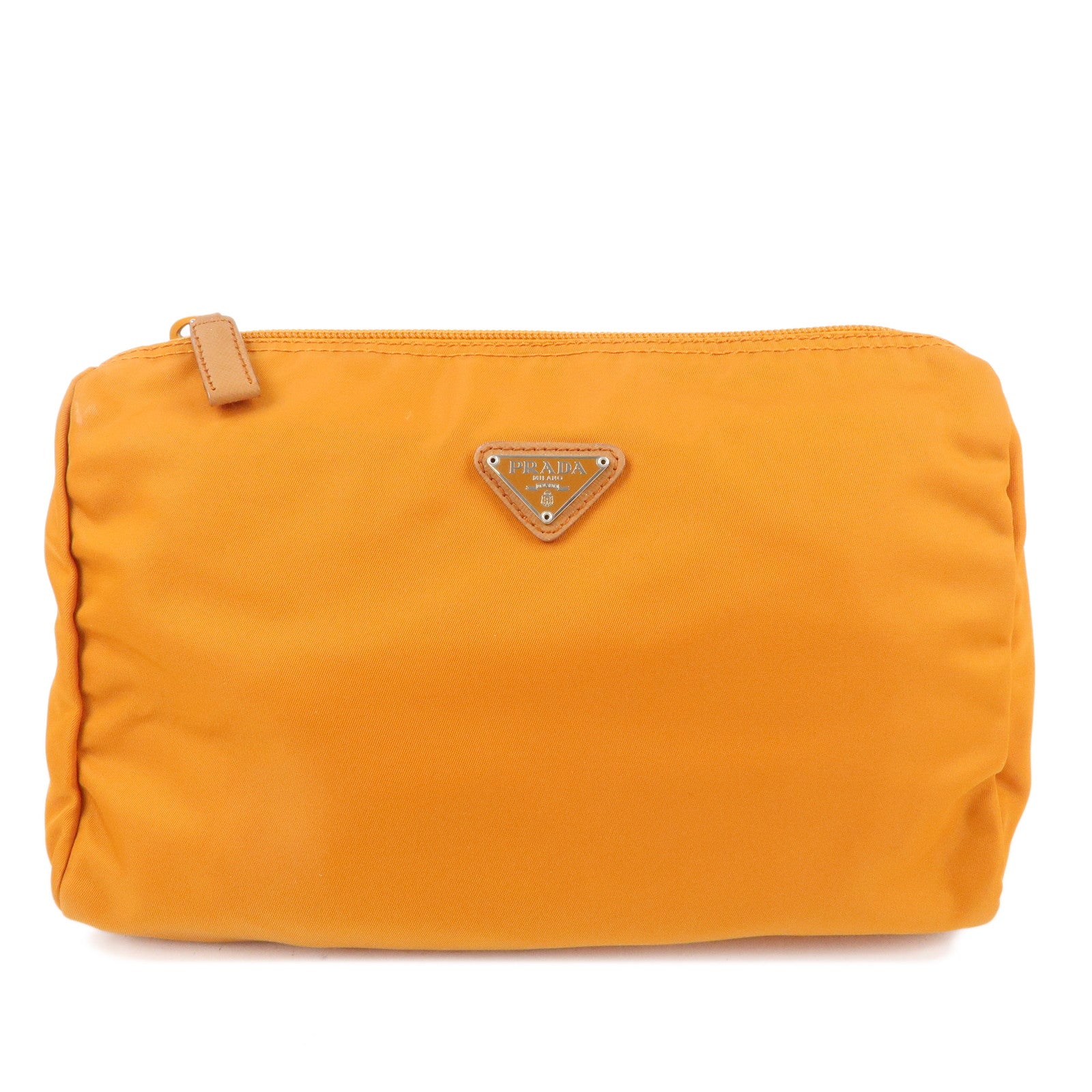 PRADA-Nylon-Leather-Pouch-Cosmetic-Pouch-Orange-1N0012