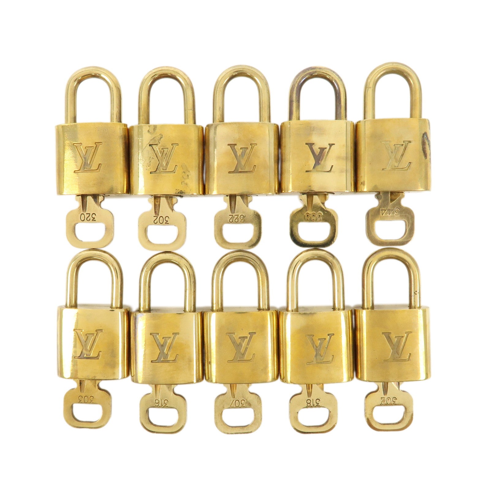 Louis-Vuitton-Set-of-10-Lock-&-Key-Cadena-Key-Lock-Gold