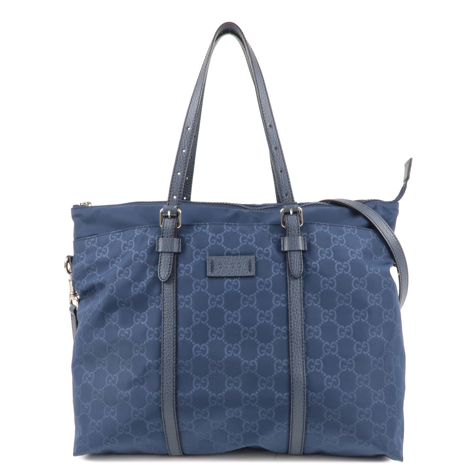 GUCCI-GG-Nylon-Leather-2Way-Bag-Tote-Bag-387067-Navy