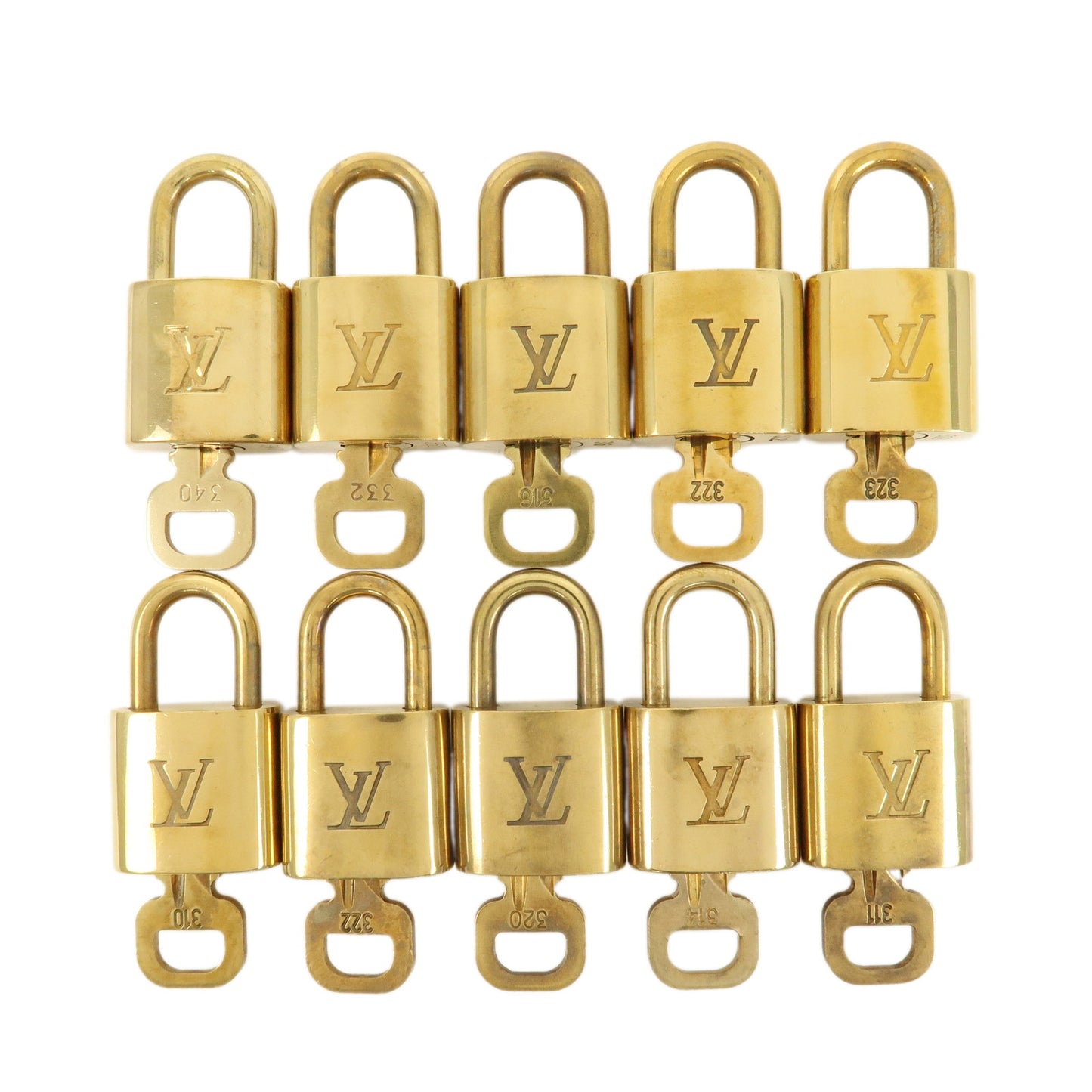 Louis-Vuitton-Set-of-10-Lock-&-Key-Cadena-Key-Lock-Gold