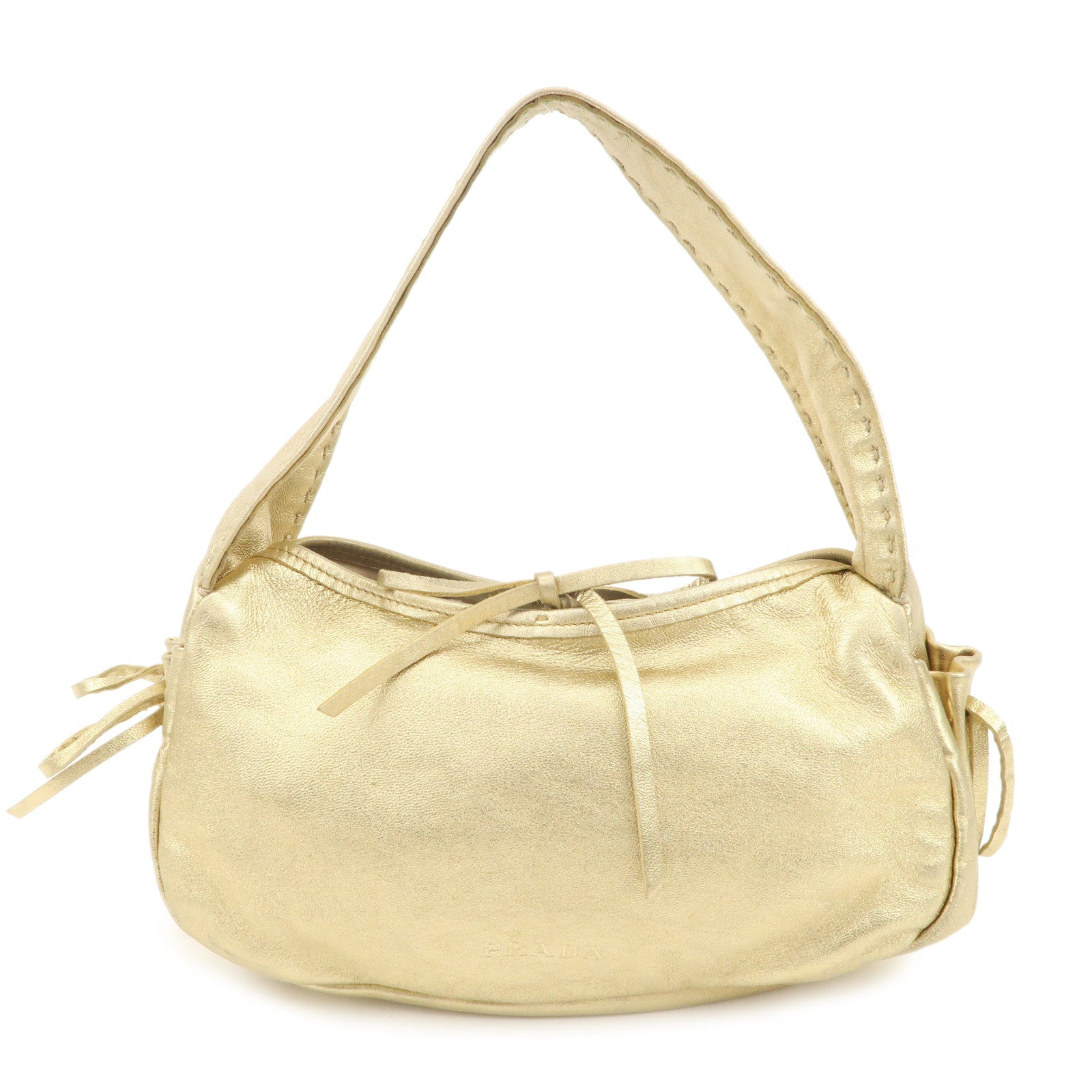 PRADA-Leather-Ribbon-Hand-Bag-Shoulder-Bag-Gold