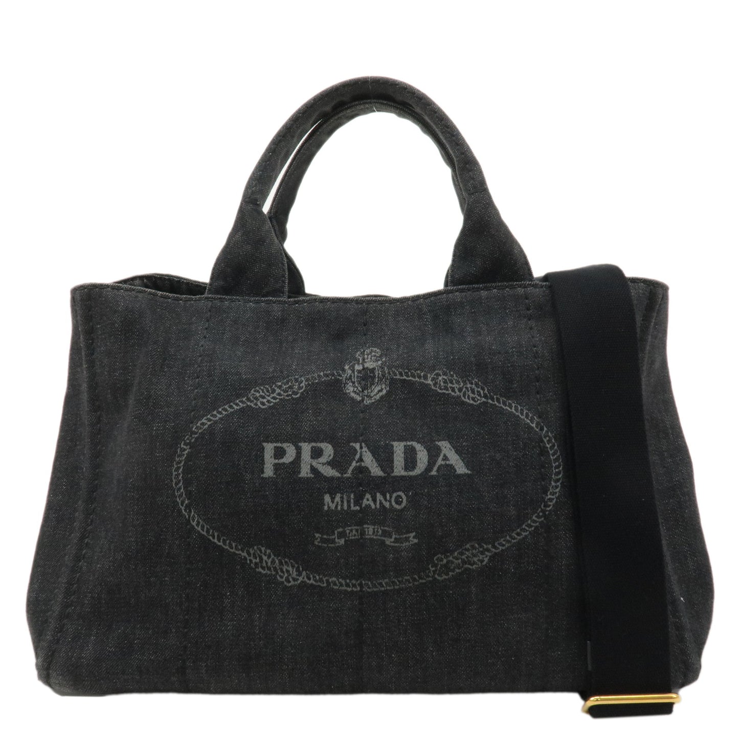 PRADA-Logo-Canapa-Denim-2Way-Bag-Hand-Shoulder-Bag-Black-B2642B