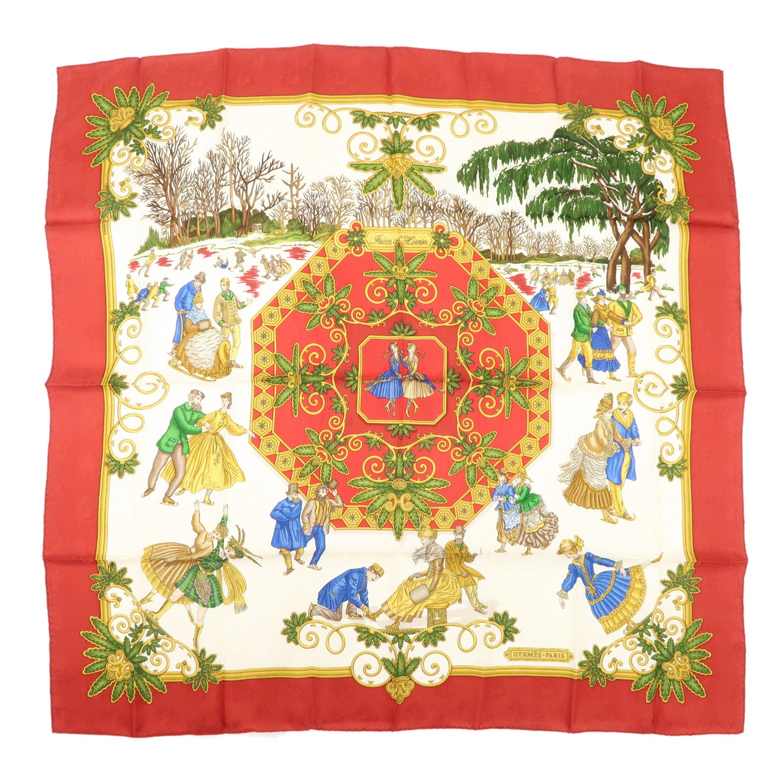 HERMES-Carre-90-100%-Silk-Scarf-Joies-d’Hiver-Red-White-Gold