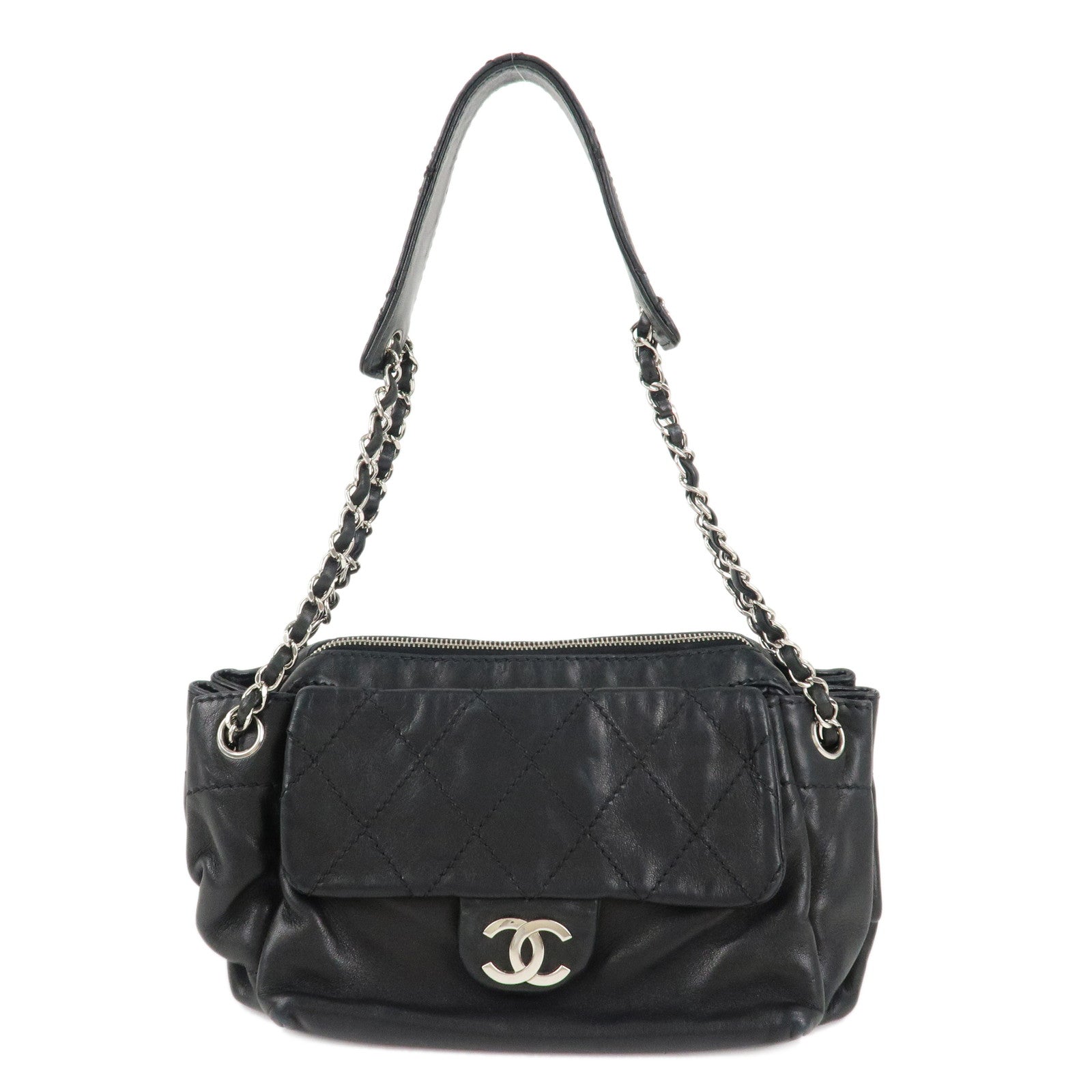 CHANEL-Matelasse-LambSkin-Chain-Shoulder-Bag-Black-Silver-Hardware