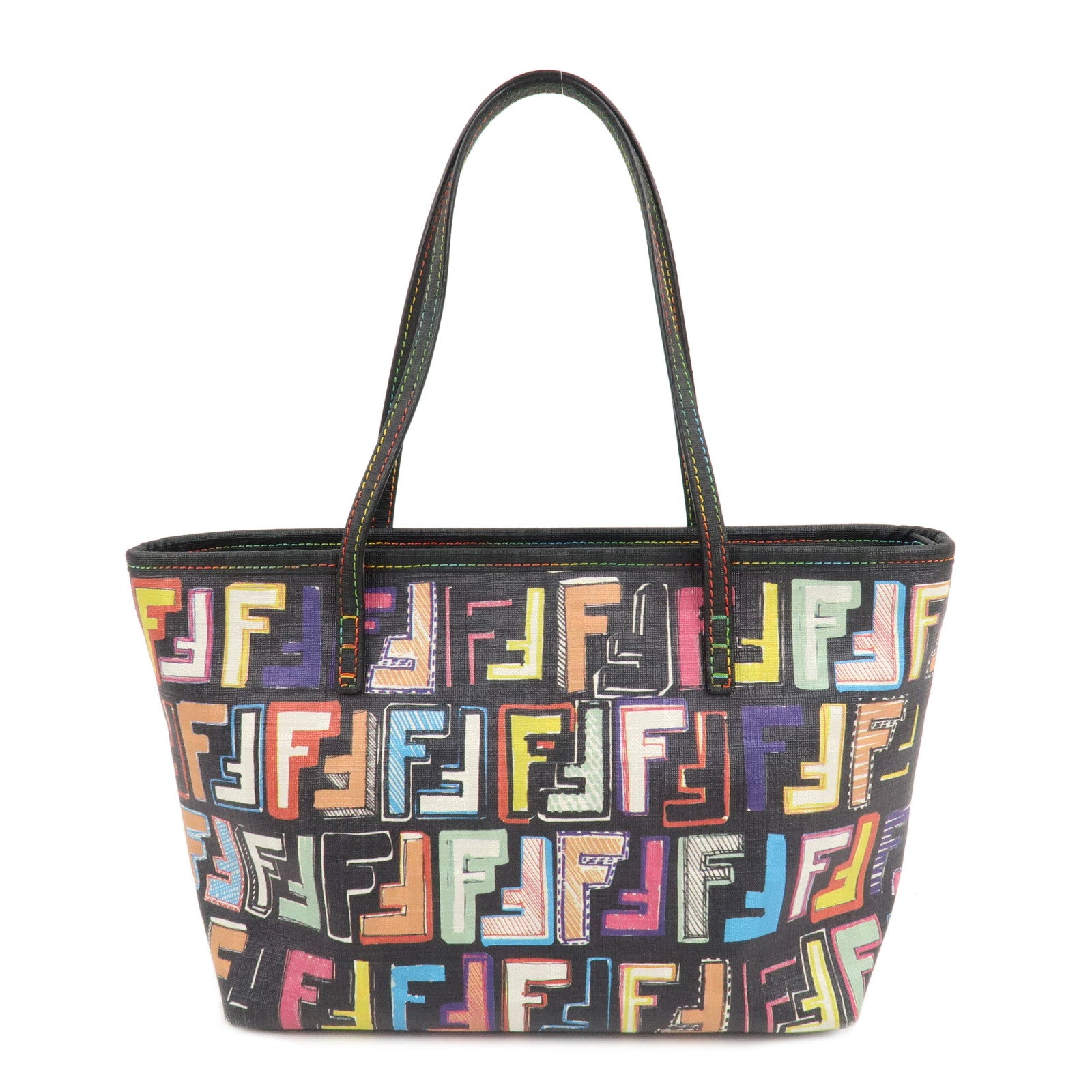 FENDI-Zucca-PVC-Tote-Bag-Hand-Bag-Black-Multi-Color-BBH223