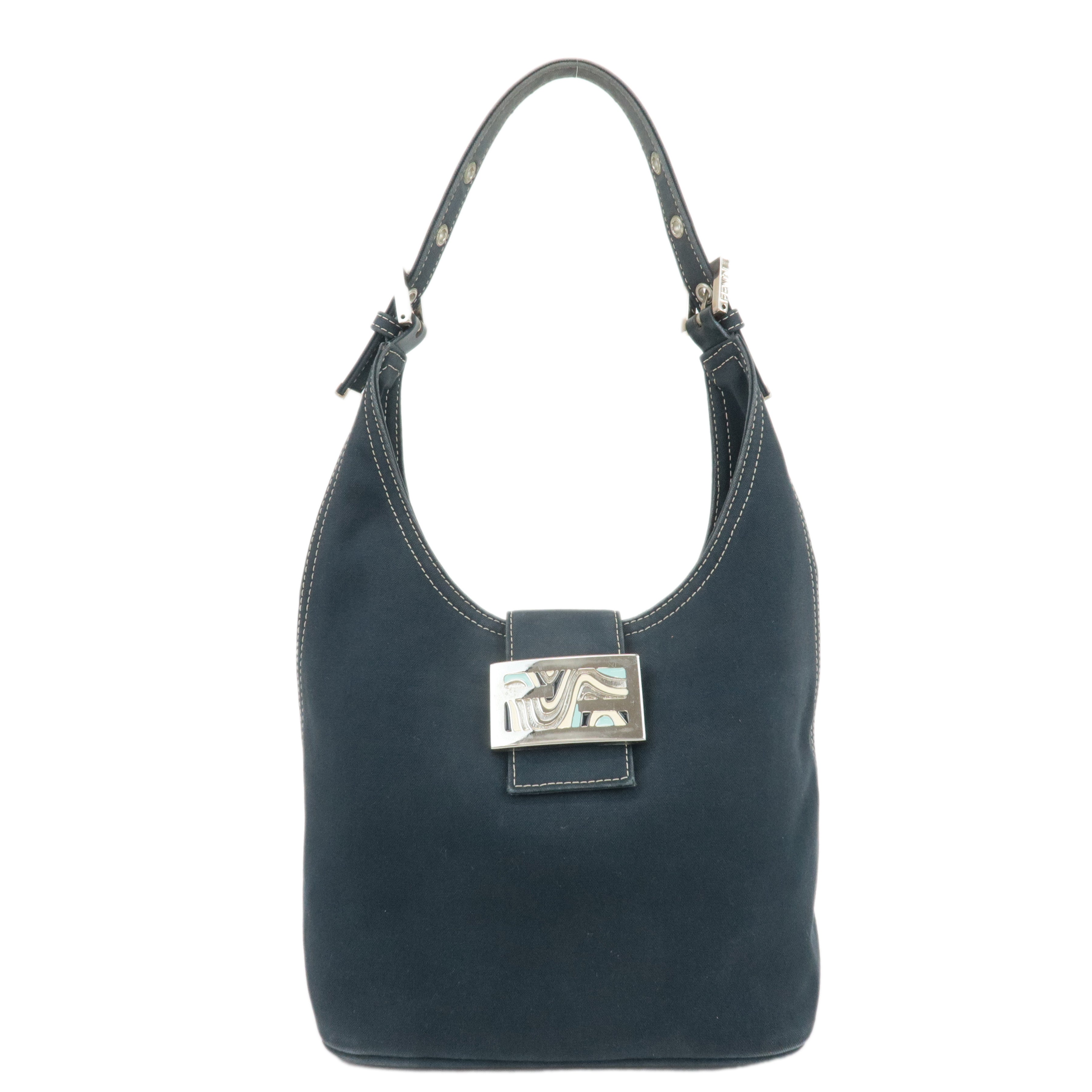 FENDI-Canvas-Leather-One-Shoulder-Bag-Hand-Bag-Navy-Silver