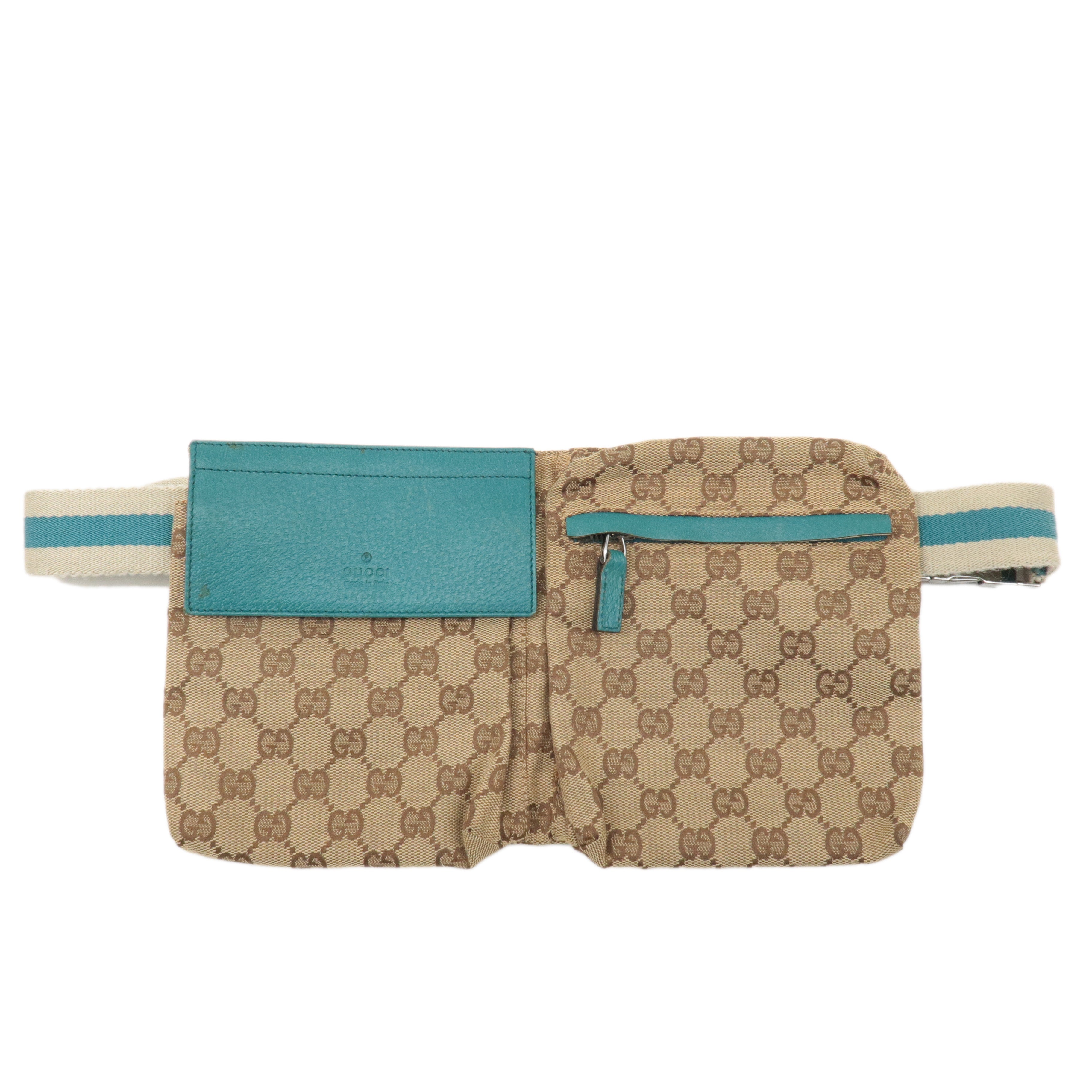 GUCCI GG Canvas Leather Waist Bag Crossbody Bag Turquoise 28566