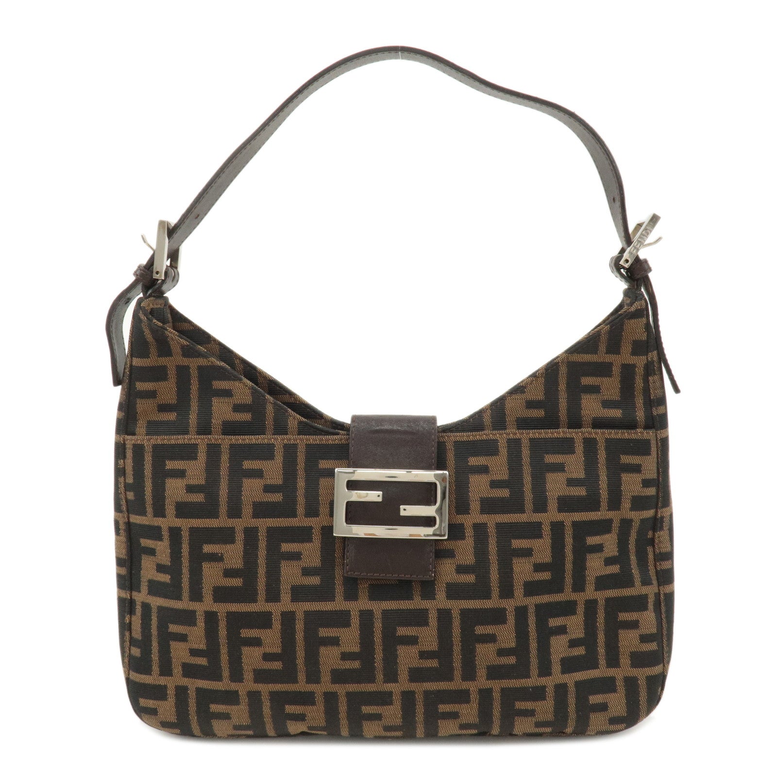 FENDI-Zucca-Canvas-Leather-Shoulder-Bag-Brown-Black-26569