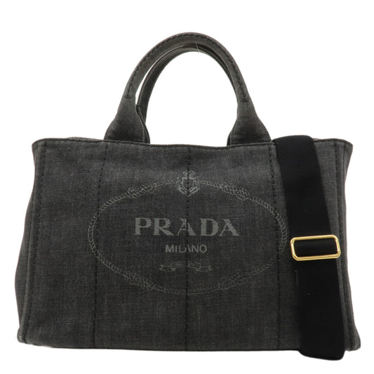 PRADA-Logo-Canapa-Denim-2Way-Bag-Hand-Bag-Shoulder-Bag-Black