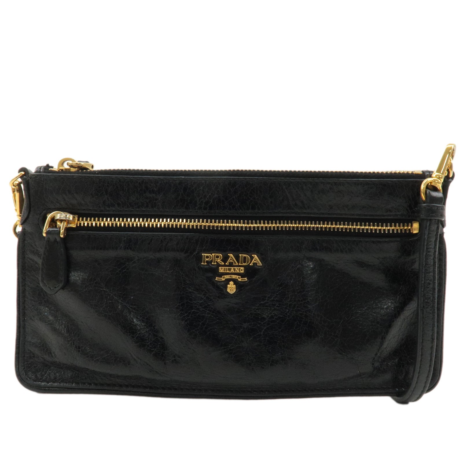 PRADA-Logo-Leather-Pouch-with-Strap-Shoulder-Bag-Black