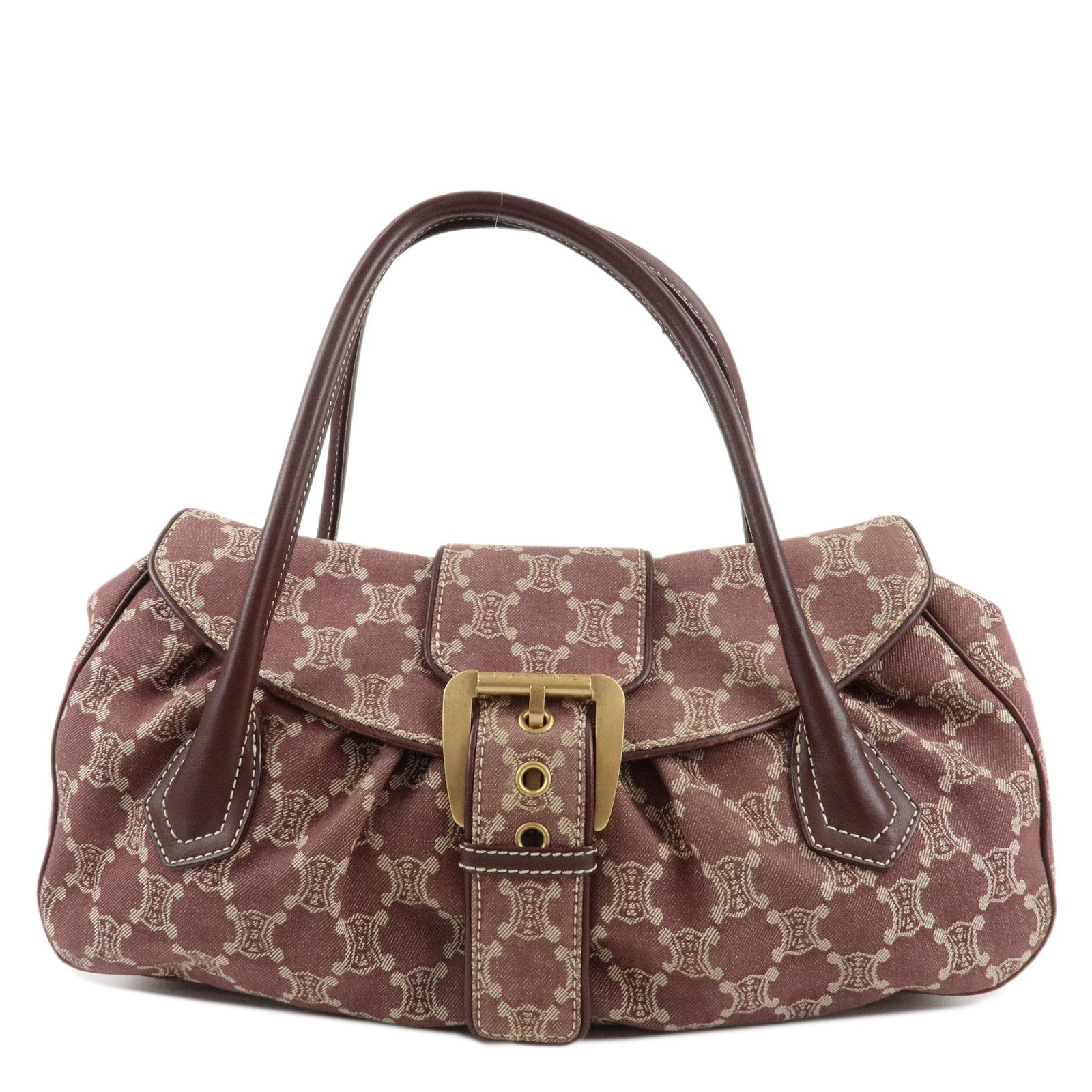 CELINE-Macadam-Denim-Leather-Tote-Shoulder-Bag-Bordeaux-White-Used