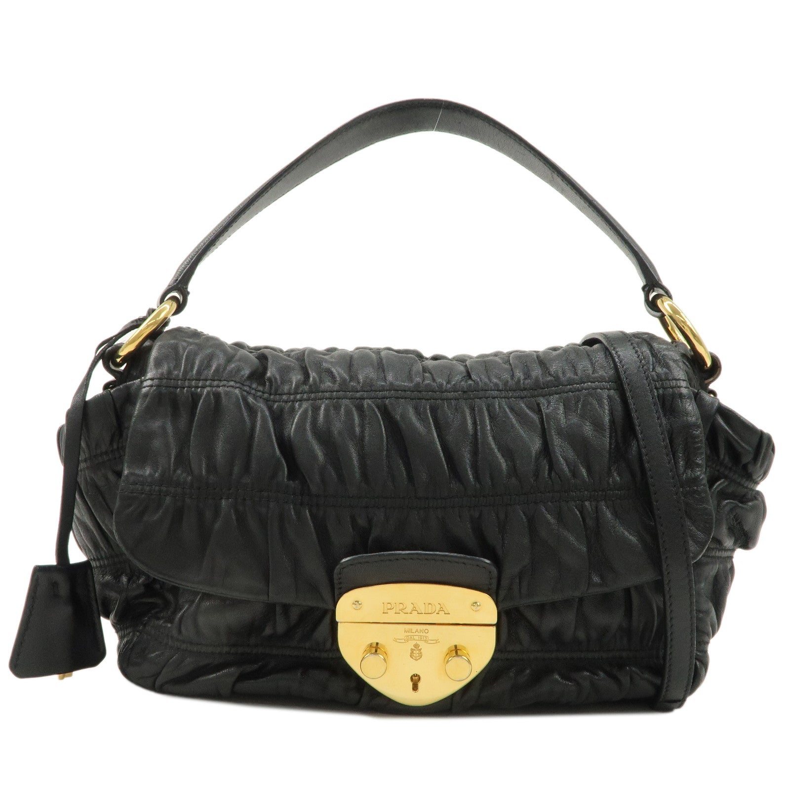 PRADA-Leather-Gathered-2WAY-Shoulder-Bag-Black-BN1639