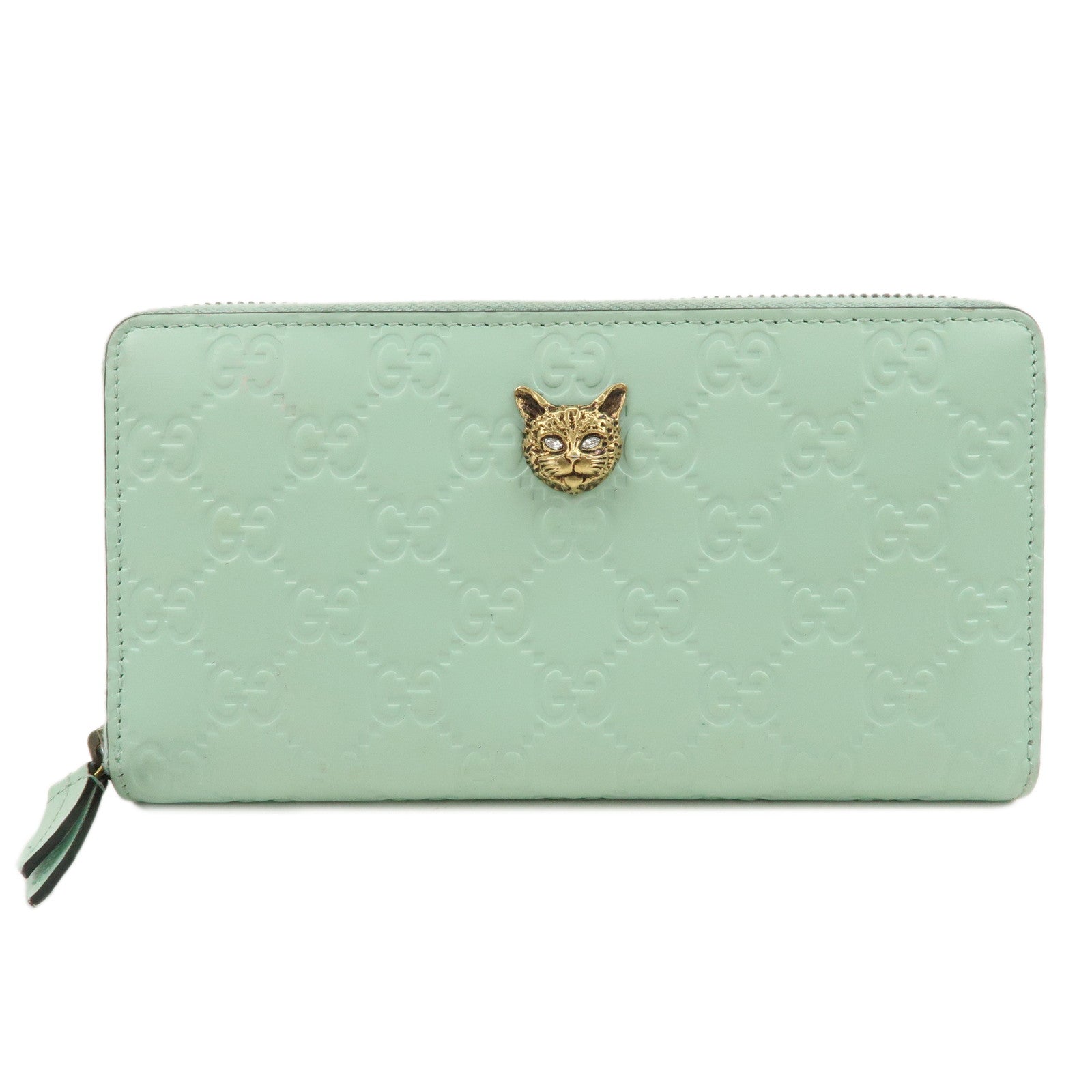 GUCCI-Guccishima-Leather-Round-Wallet-Cat-Motif-Mint-Green-548058