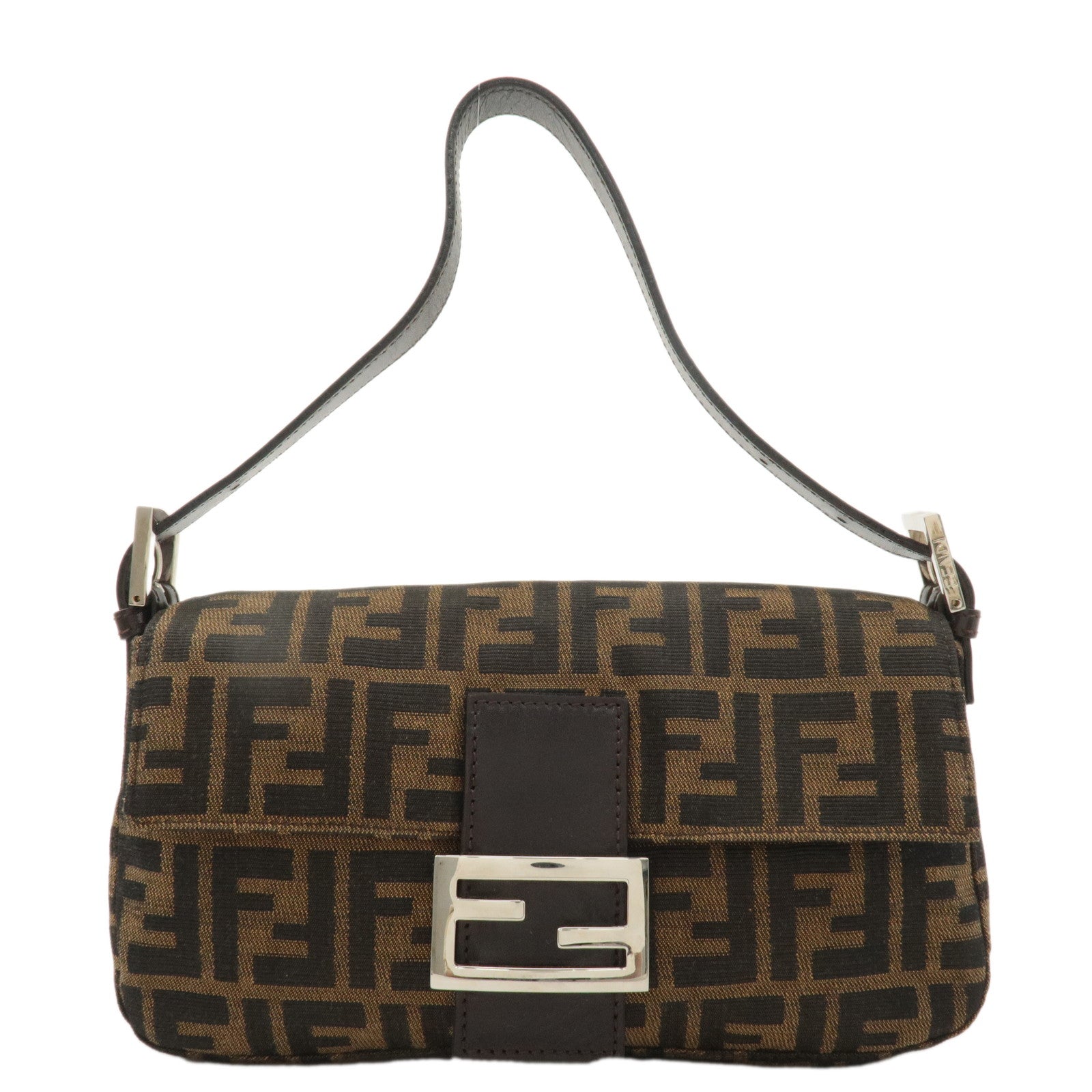 FENDI Mamma Baguette Canvas Leather Shoulder Bag Brown Black 26424