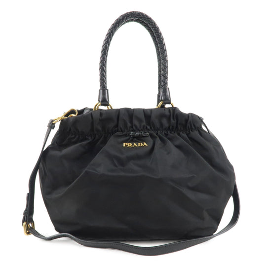 PRADA-Nylon-Leather-Gather-2Way-Bag-Hand-Shoulder-Bag-Black