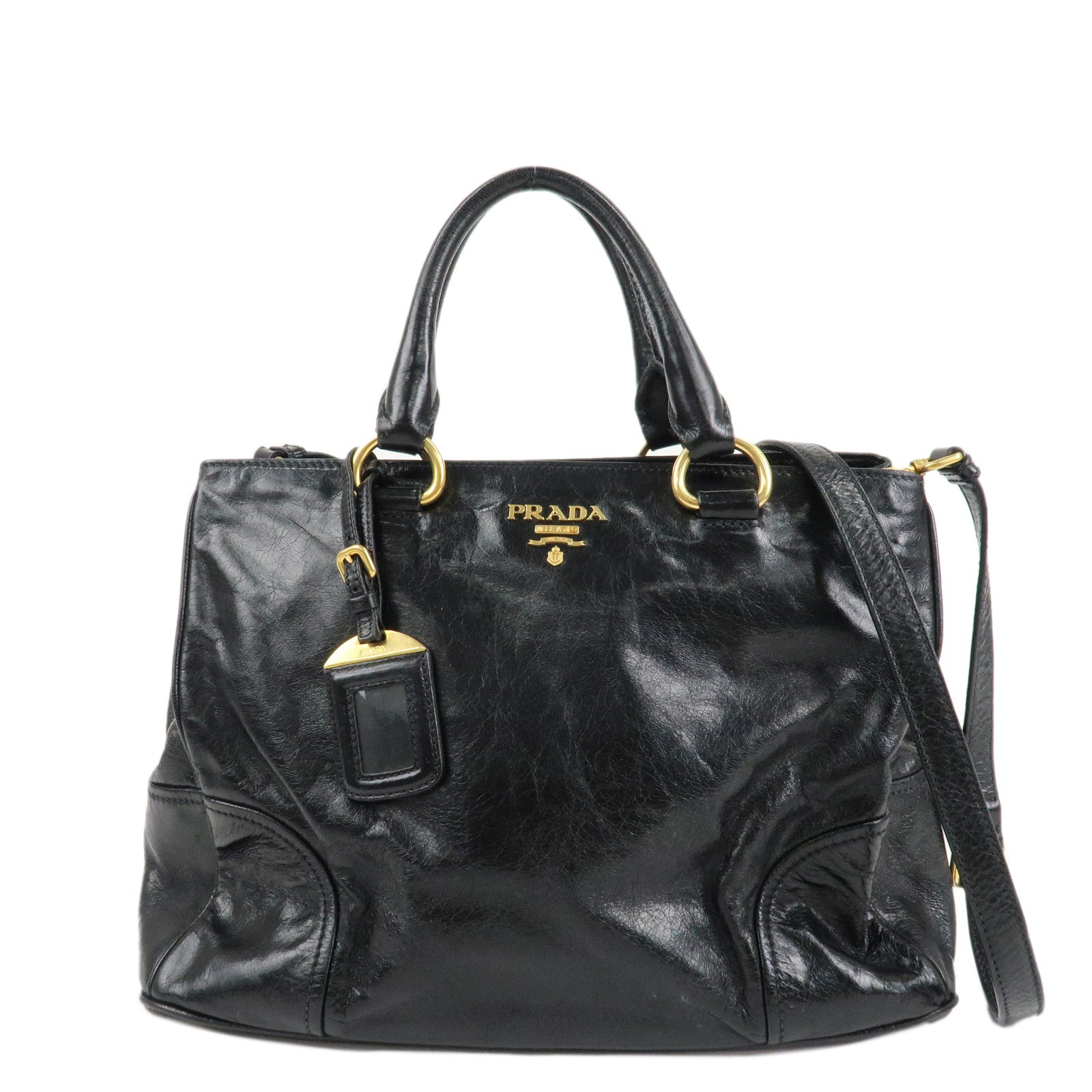 PRADA-Leather-2way-Bag-Hand-Bag-Shoulder-Bag-Black-Gold-HDW