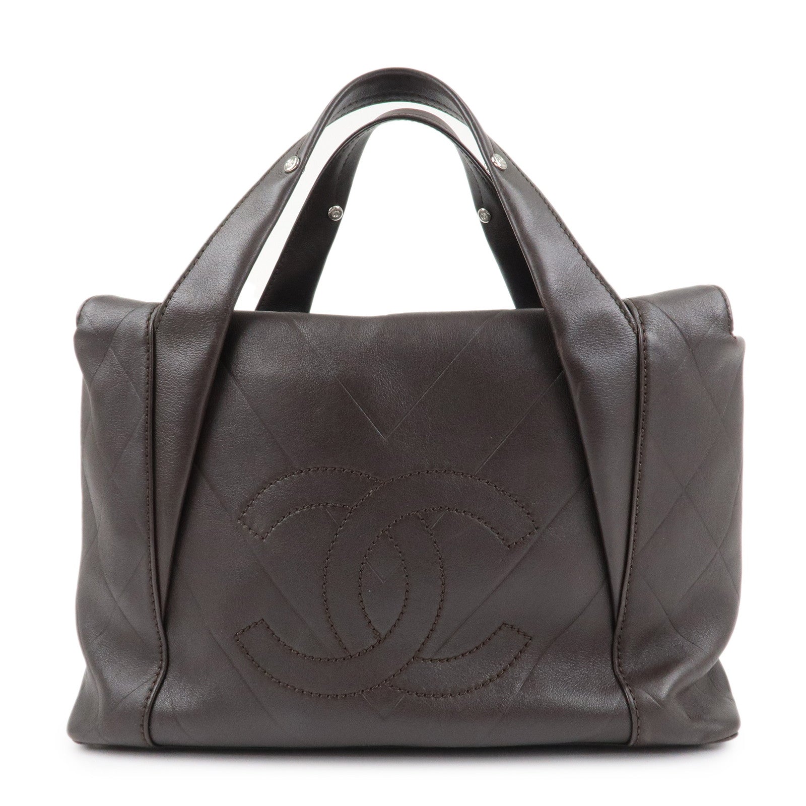 CHANEL-COCO-Mark-Shevron-Lamb-Skin-V-Stich-Tote-Bag-Dark-Brown