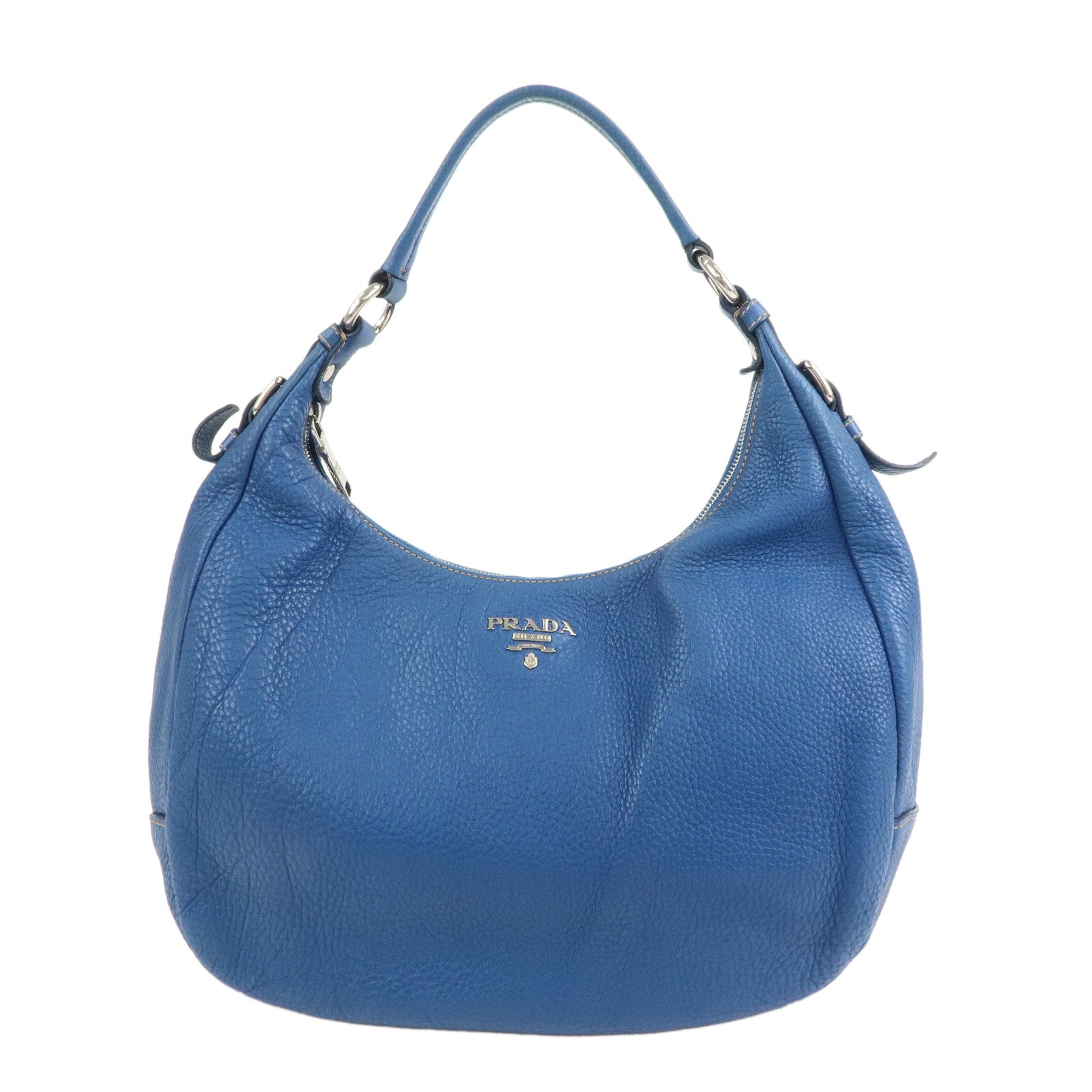 PRADA-Logo-Leather-Shoulder-Bag-Blue-Silver-HDW