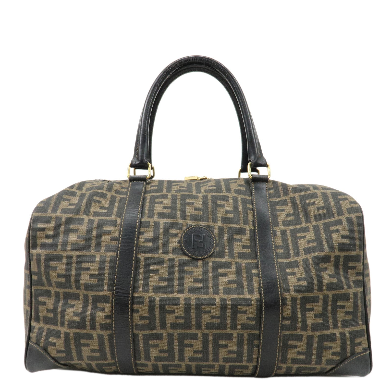 FENDI-Zucca-Logo-Print-PVC-Leather-Boston-Bag-Brown-Black