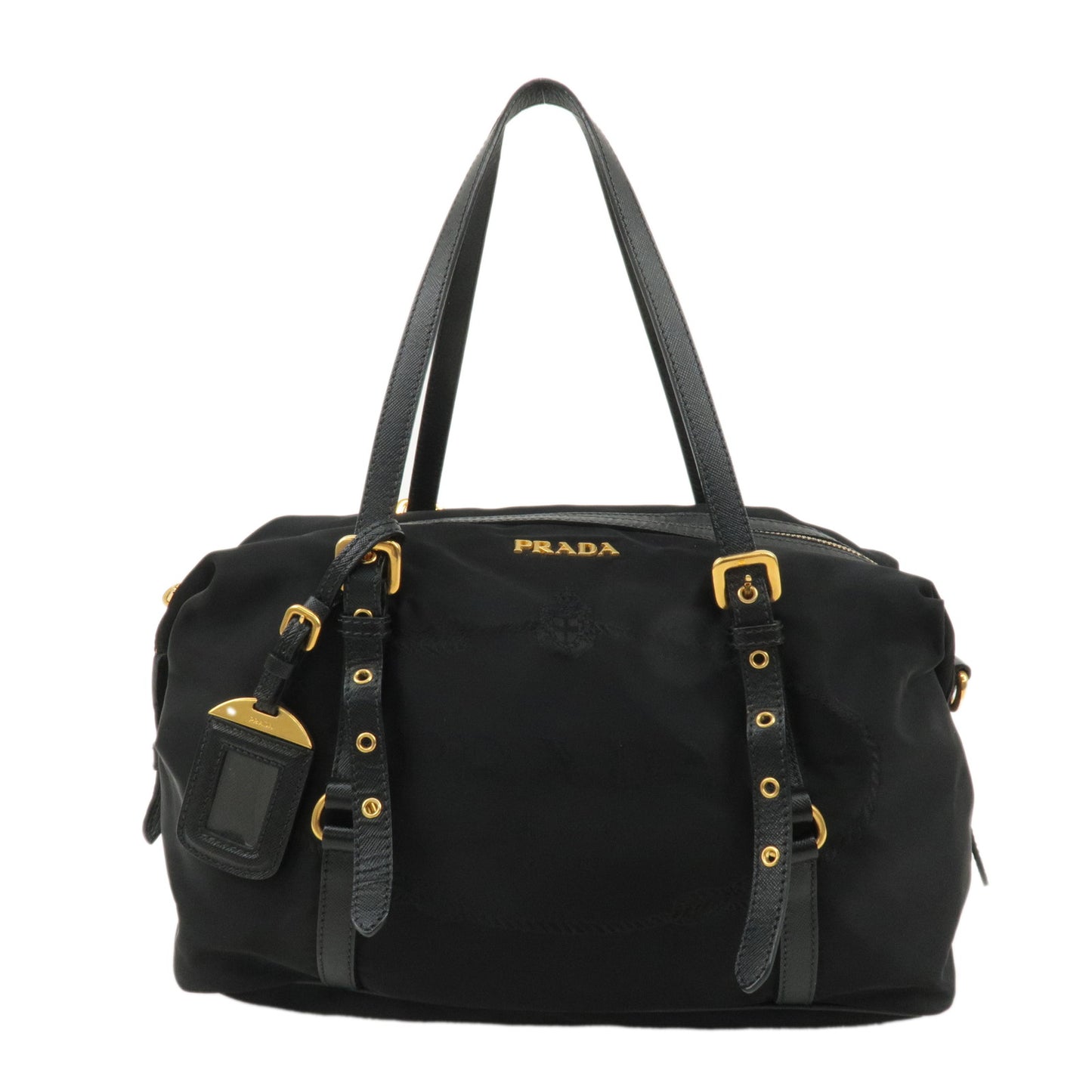 PRADA-Logo-Nylon-Leather-Tote-Bag-Shoulder-Bag-Black-BL0600