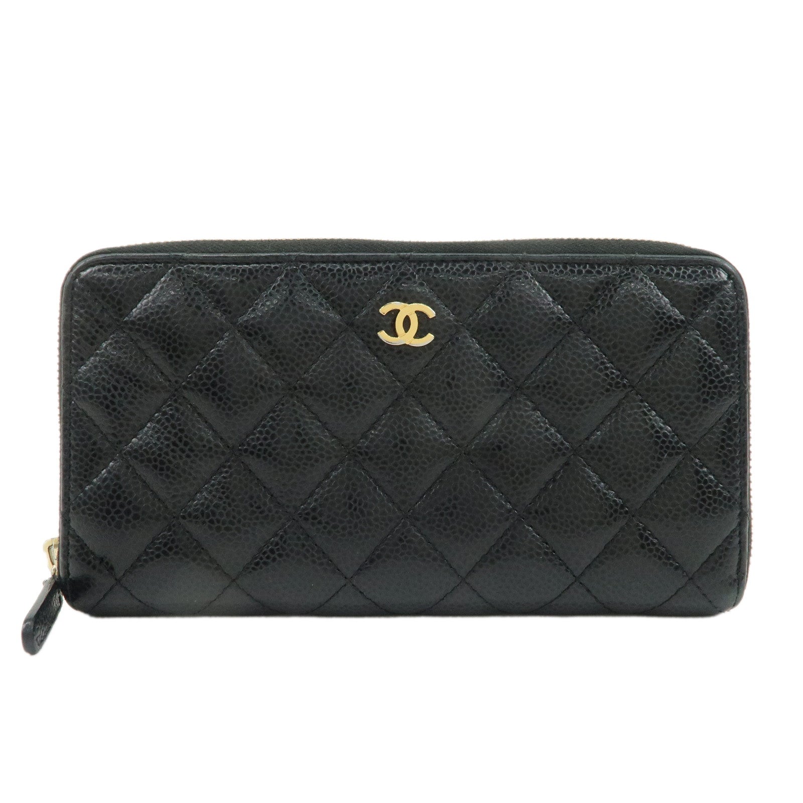 CHANEL-Matelasse-Cavier-Skin-Coco-Mark-Zippy-Round-Wallet-Black