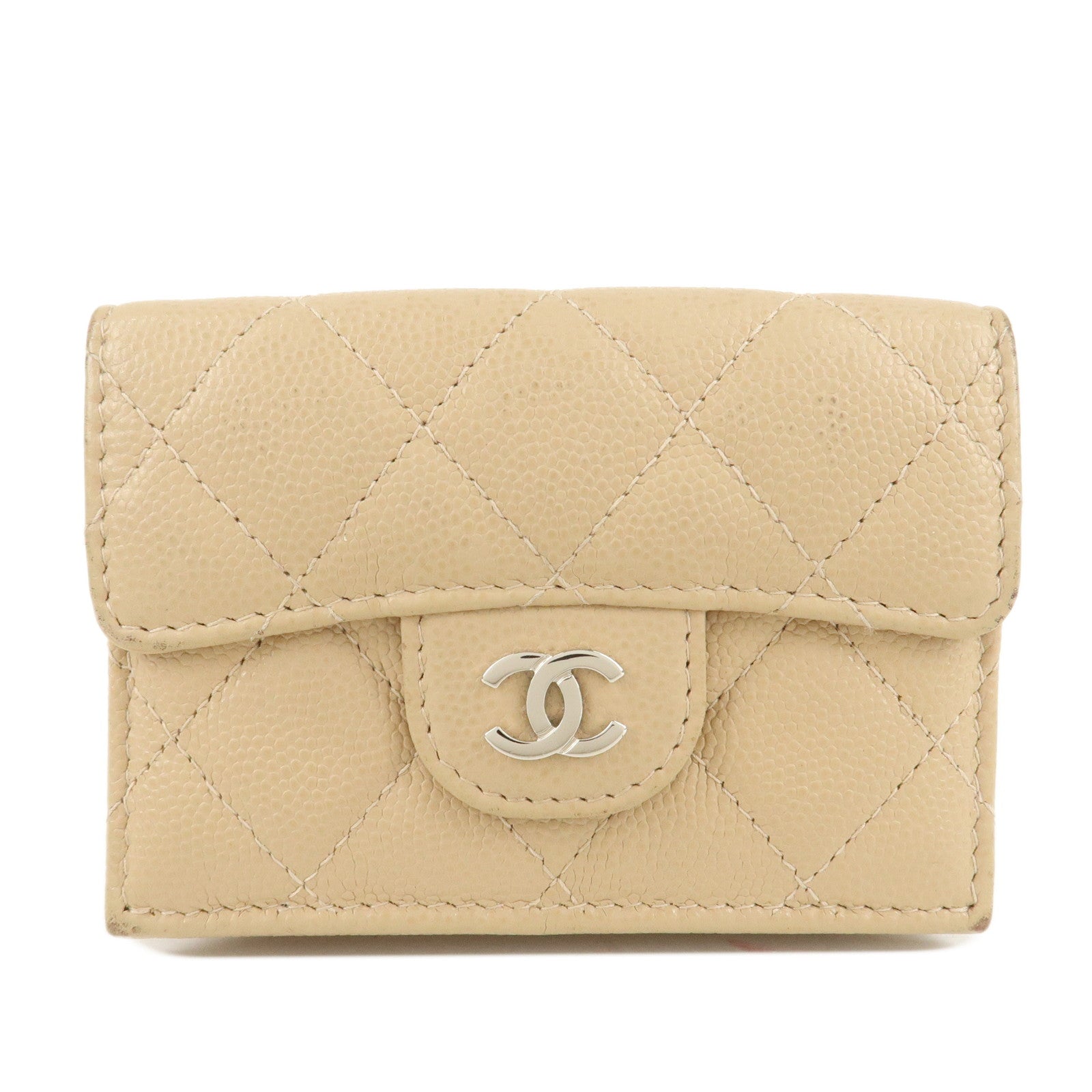 CHANEL-Matelasse-Cavier-Skin-Compact-Wallet-Beige-Silver-HDW