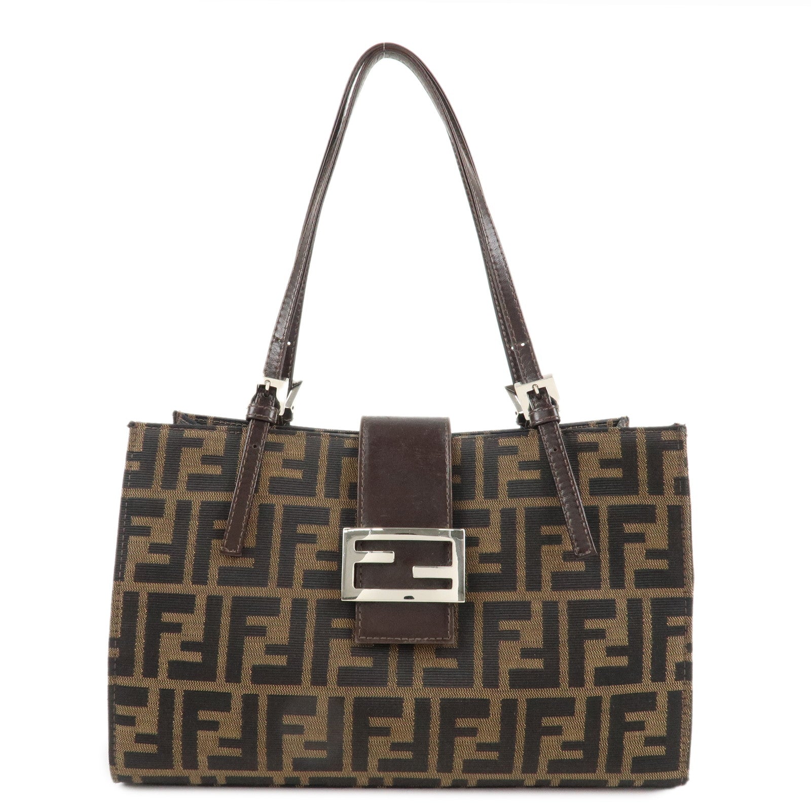 FENDI-Zucca-Canvas-Leather-Shoulder-Bag-Brown-Black-15808