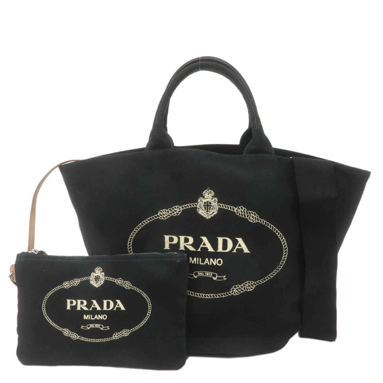 PRADA-Canapa-Canvas-Leather-2Way-Bag-Tote-Bag-Black-1BG163