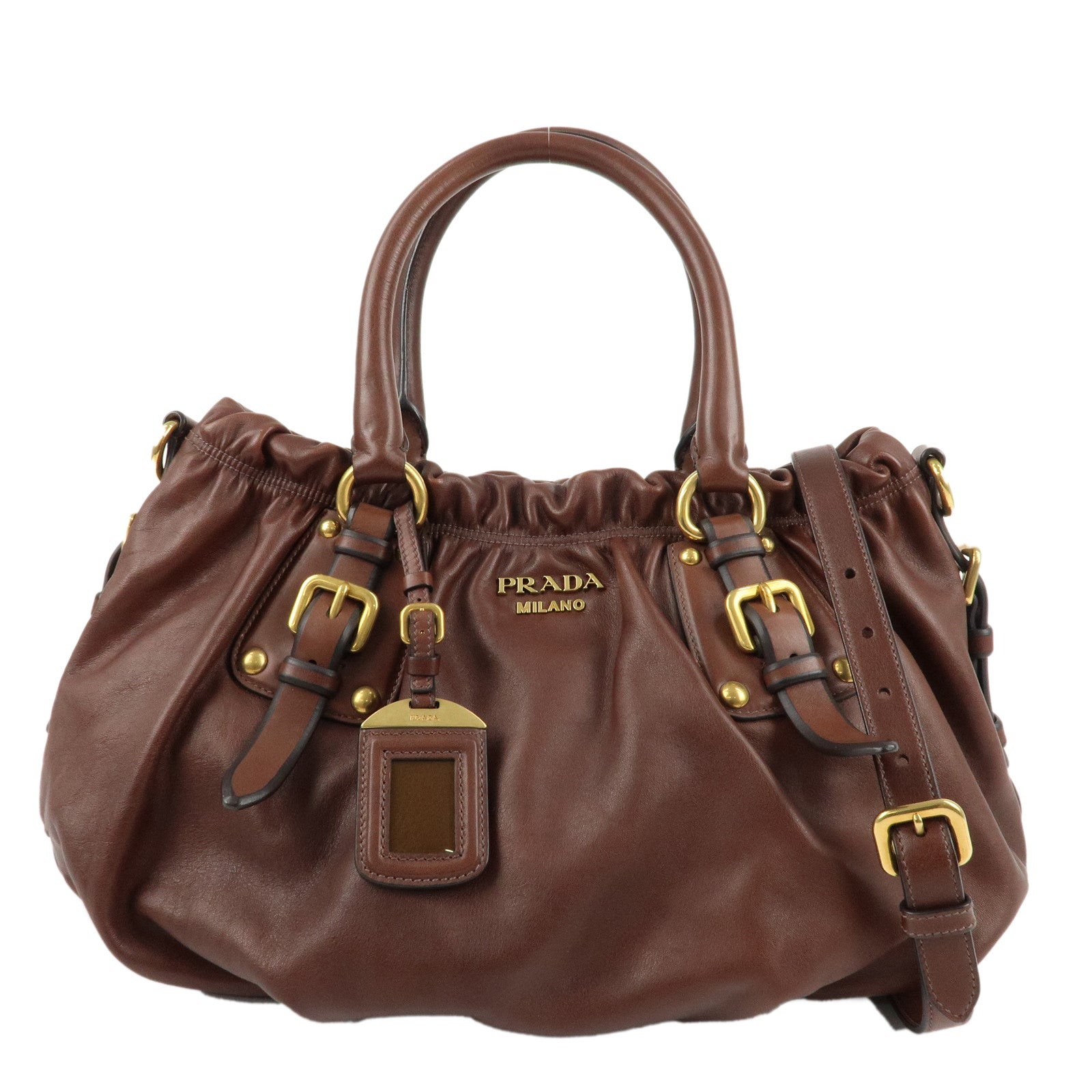 PRADA-Leather-2Way-Hand-Bag-Shoulder-Bag-Brown-Gold-HDW