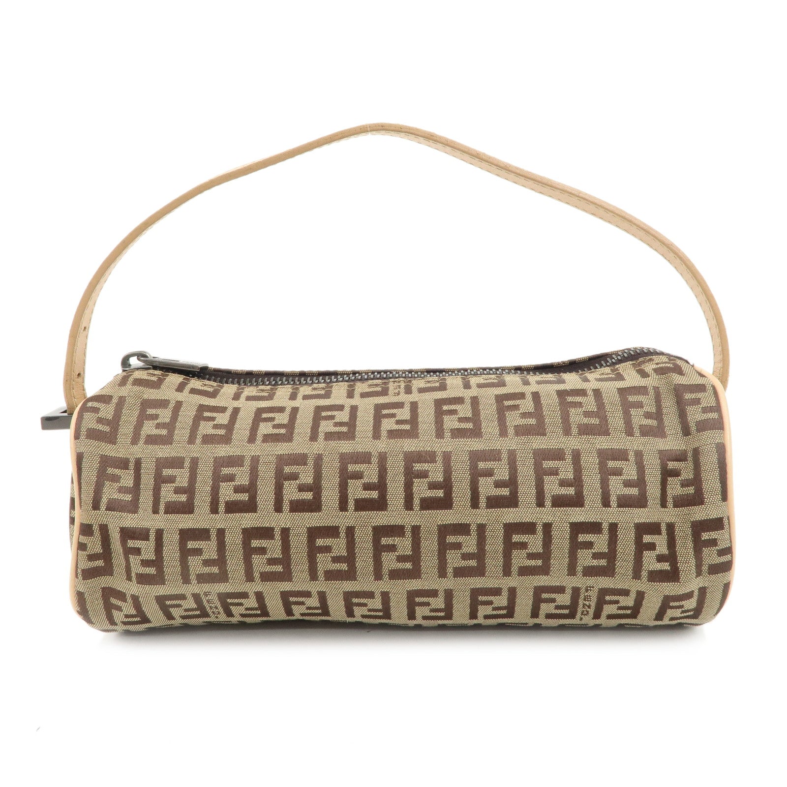 Authe-FENDI-Zucchino-Canvas-Leather-Pouch-Hand-Bag-Beige-Brown-7N0036