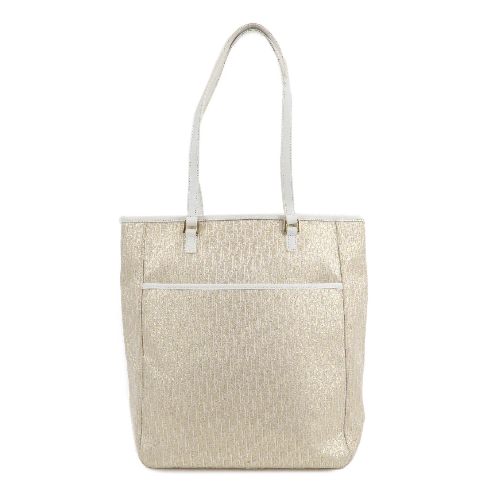 Christian-Dior-Trotter-Canvas-Leather-Tote-Bag-Glitter-Gold-White