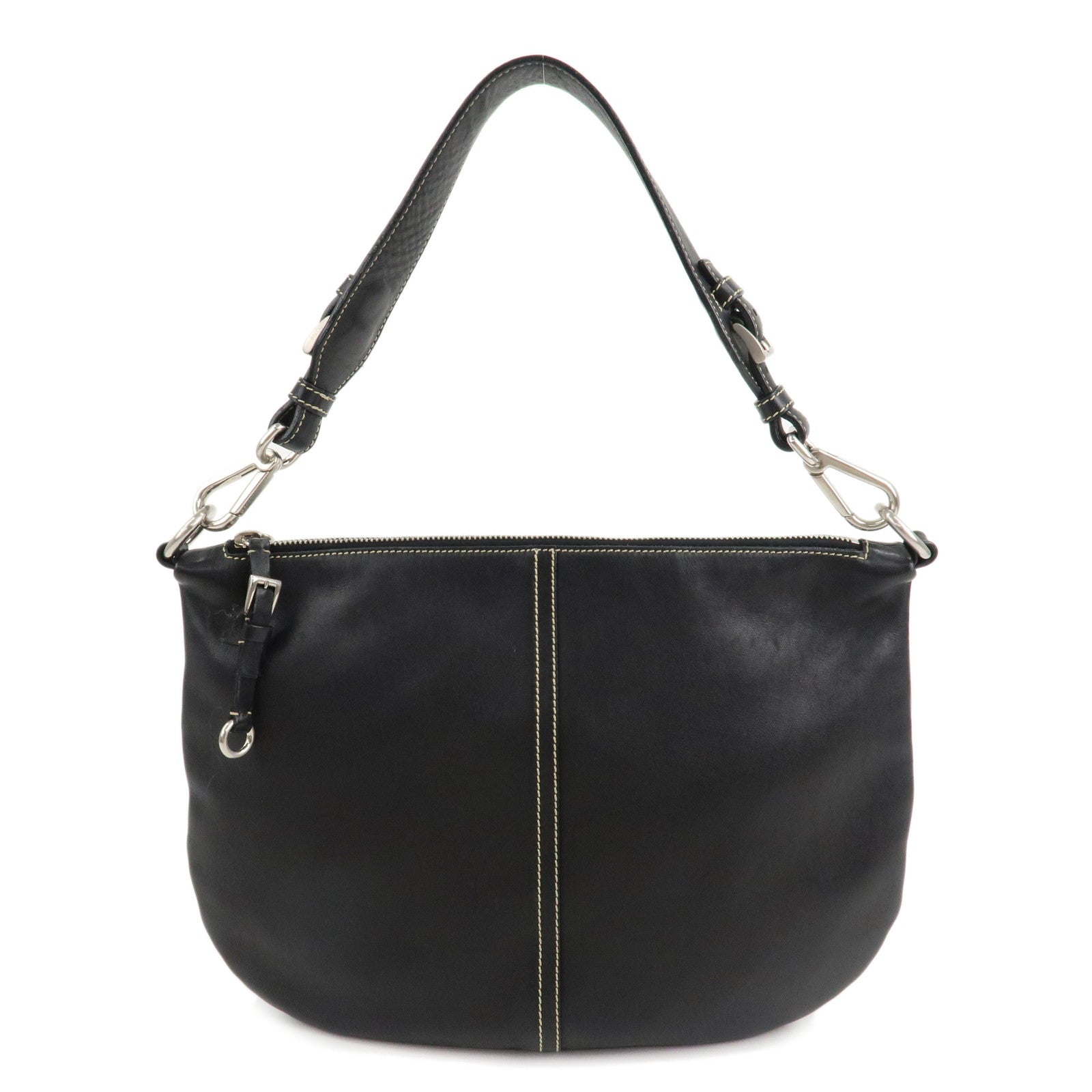 PRADA-Leather-Shoulder-Bag-Hand-Bag-Black-Silver-Hardware