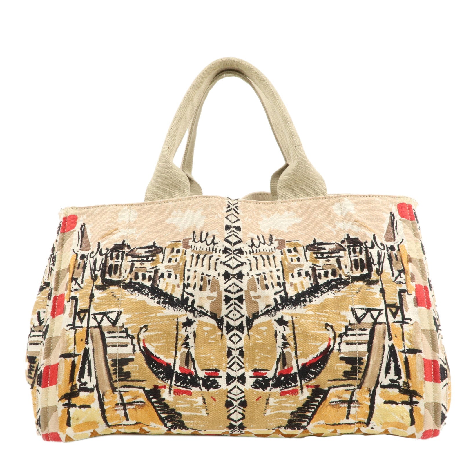 PRADA-Canapa-Tote-Bag-Hand-Bag-Beige-Brown-Sketch-Pattern