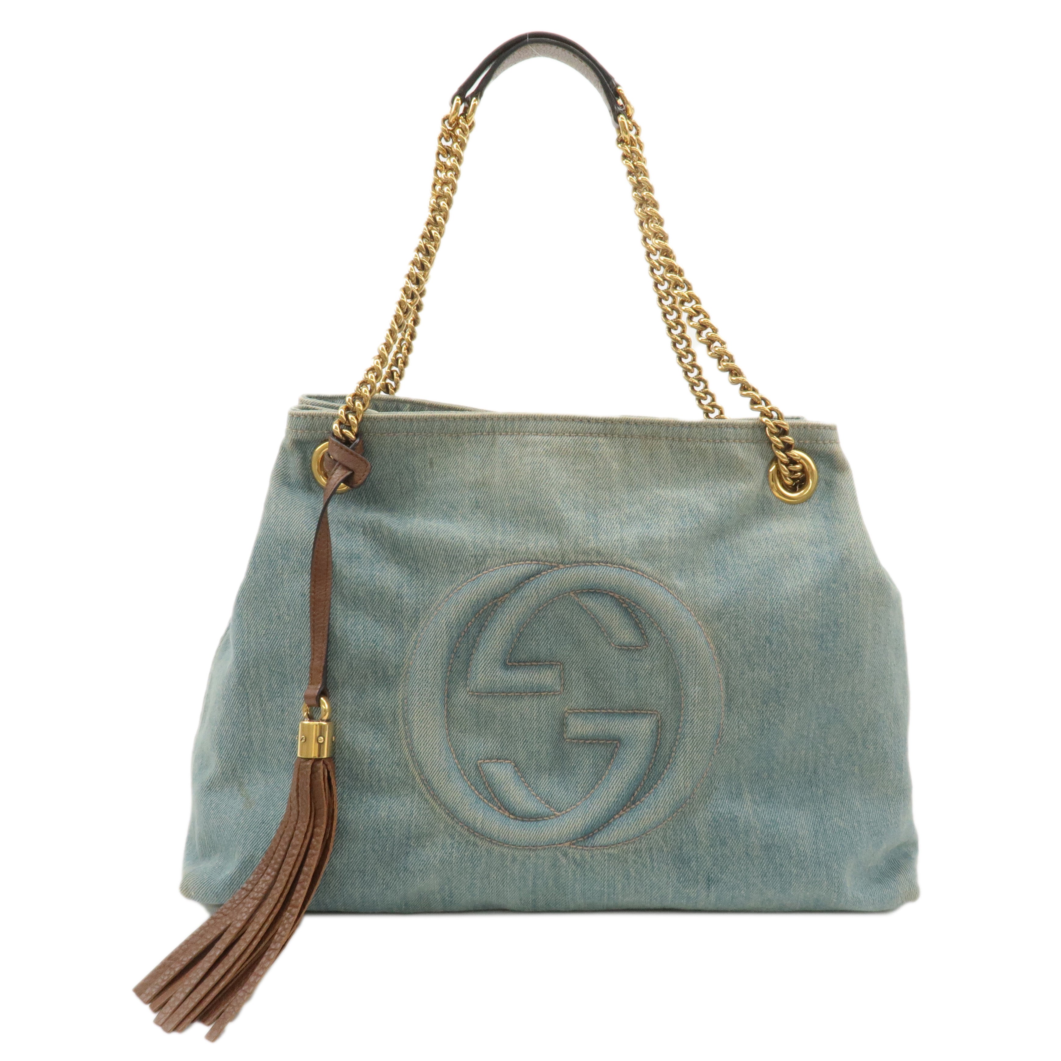 GUCCI SOHO Denim Leather Chain Shoulder Tote Bag Blue 308982