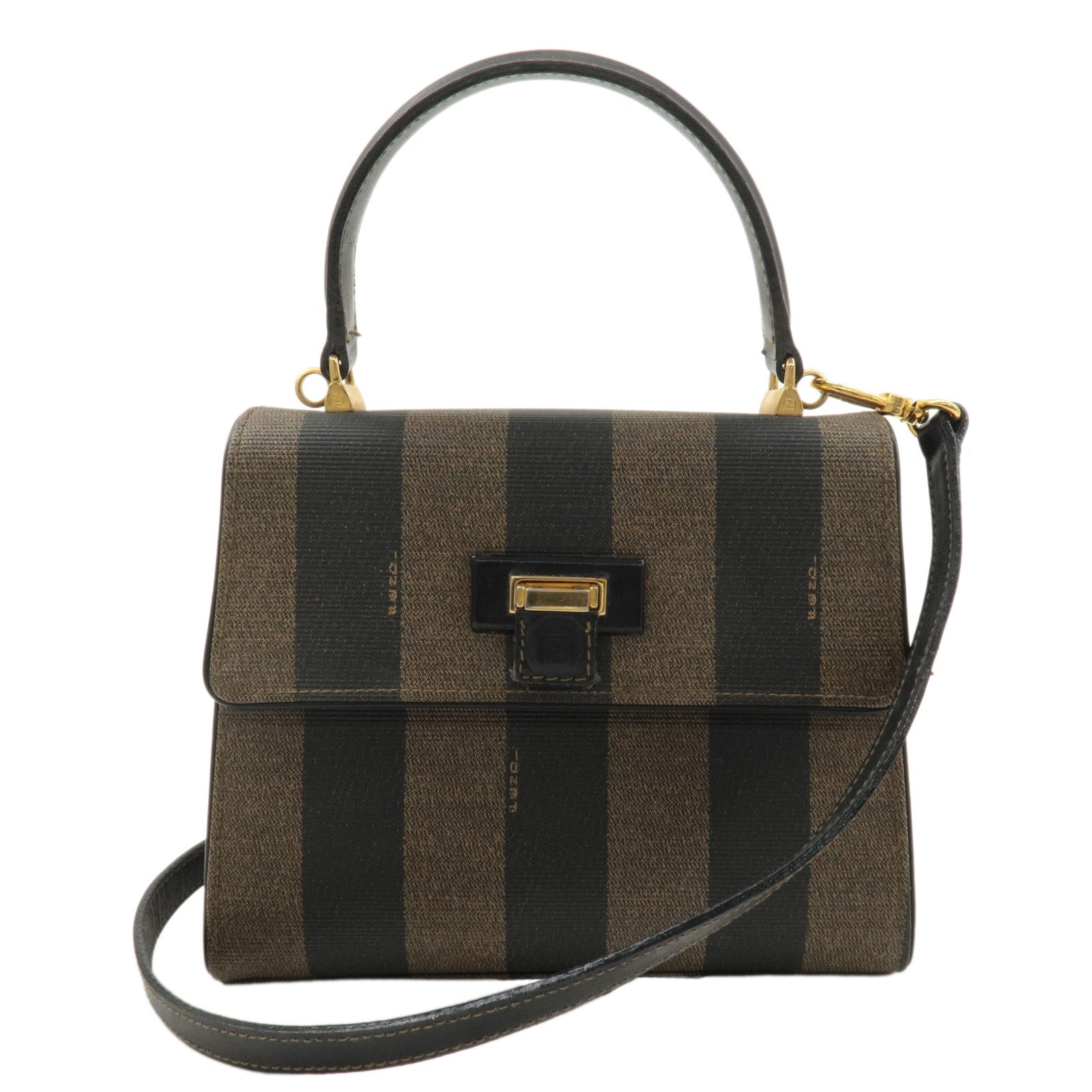 FENDI-Pequin-PVC-Leather-2WAY-Hand-Bag-Shoulder-Bag-Khaki-Black