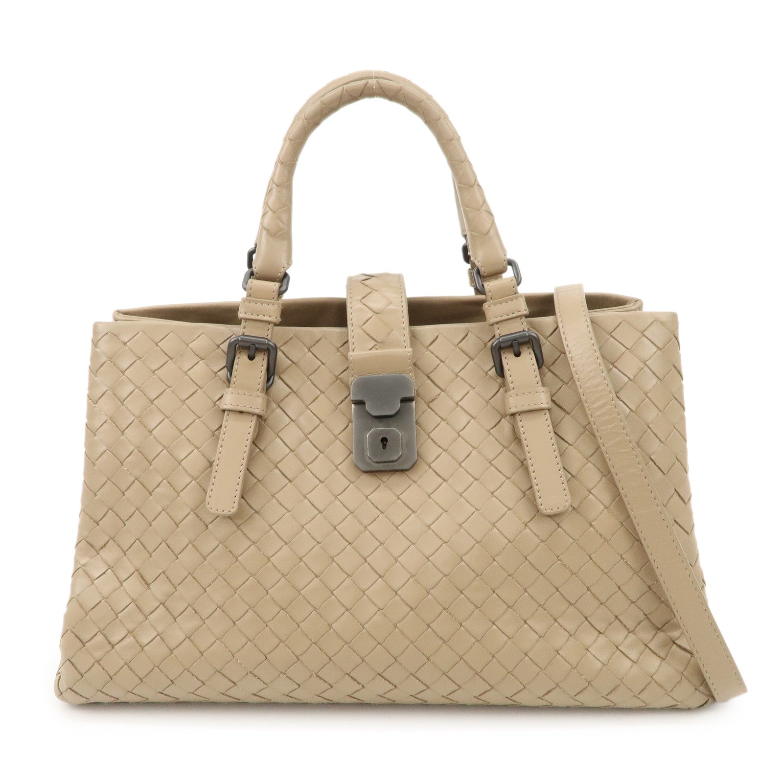 BOTTEGA-VENETA-Intrecciato-Leather-Roma-Bag-Hand-Bag-Beige