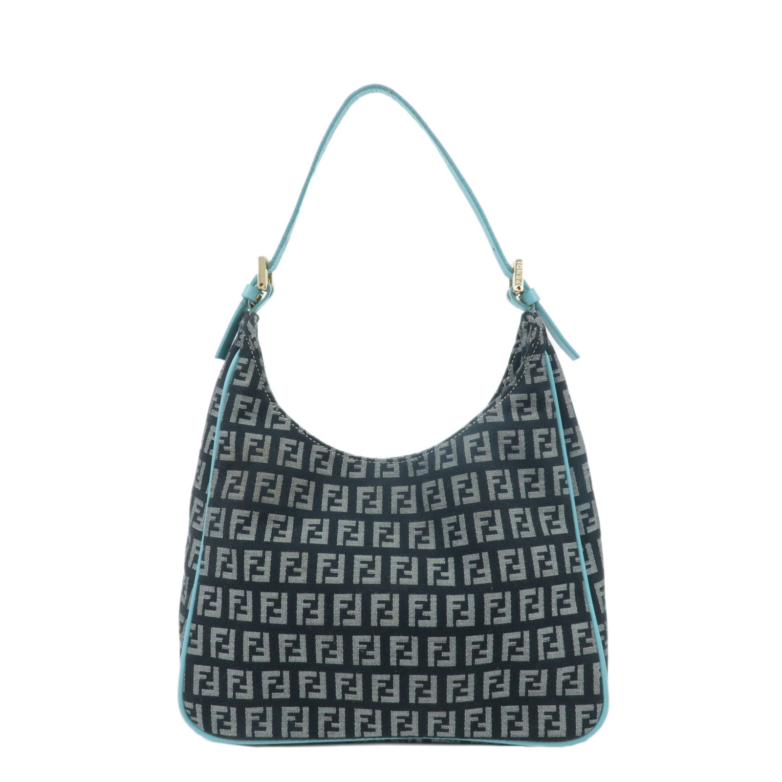 FENDI-Zucchino-Canvas-Leather-Shoulder-Bag-Black-White-Blue-8BR158