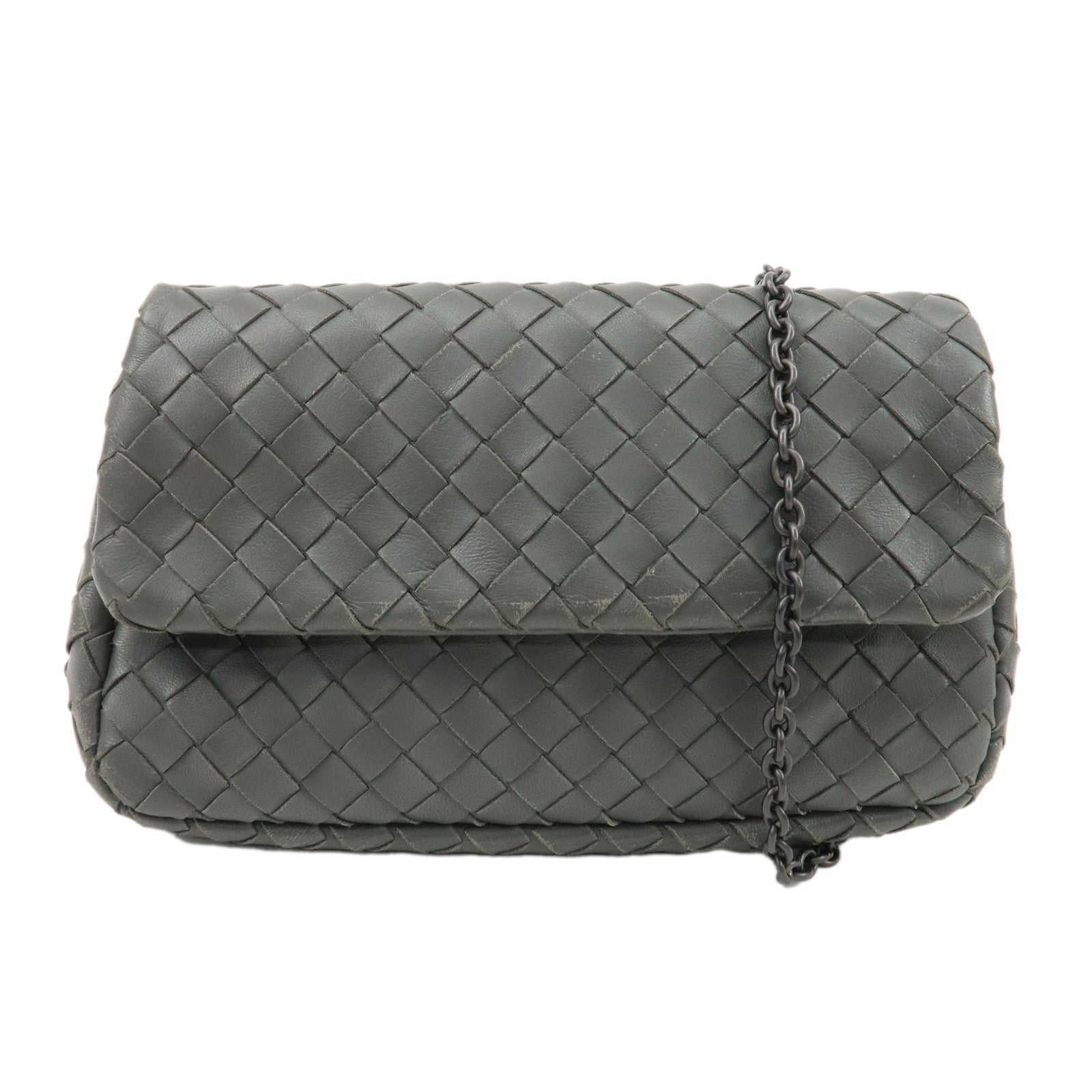 BOTTEGA-VENETA-Intrecciato-Leather-Chain-Shoulder-Bag-Gray-310774