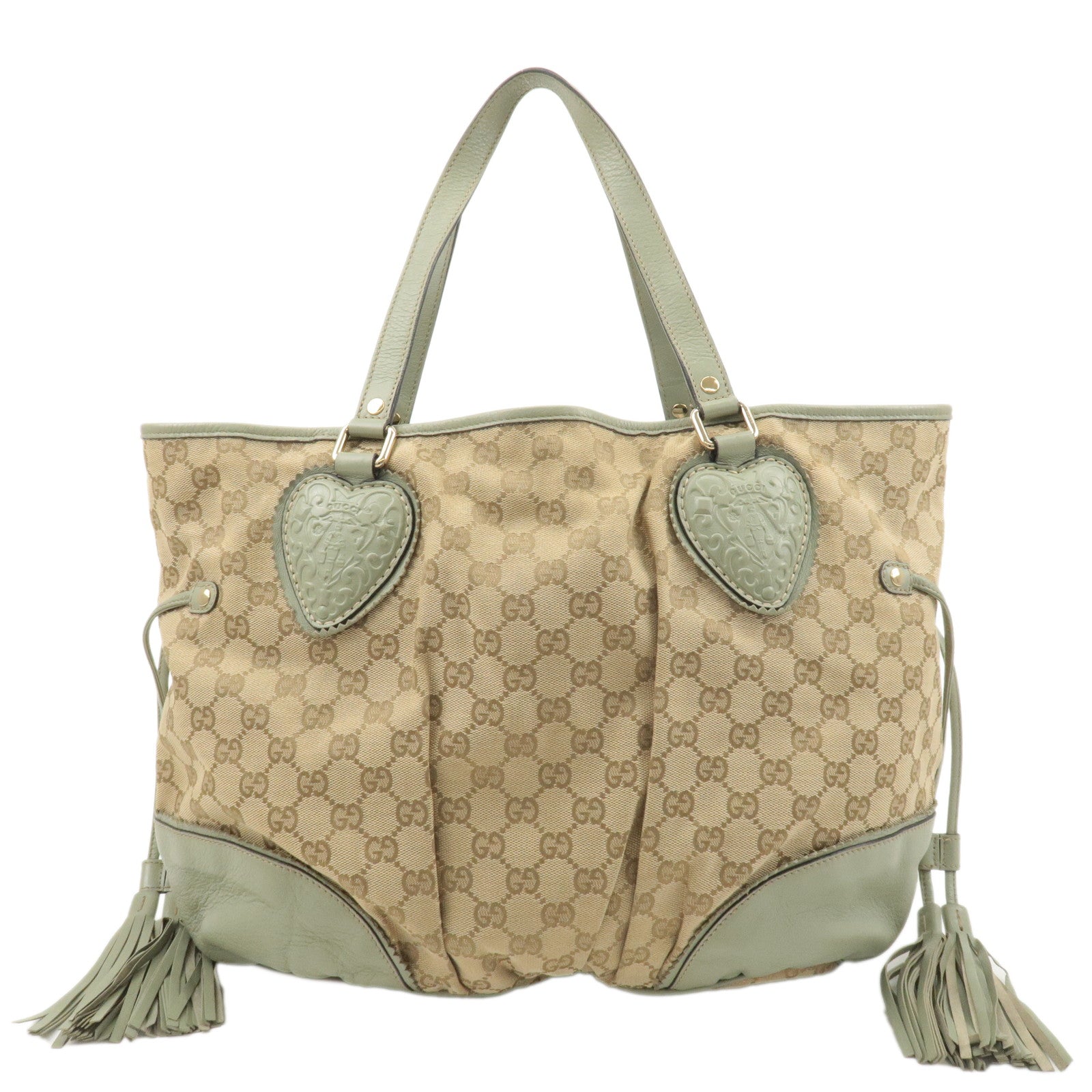 GUCCI GG Canvas Leather Tote Bag Beige Light Green 211954