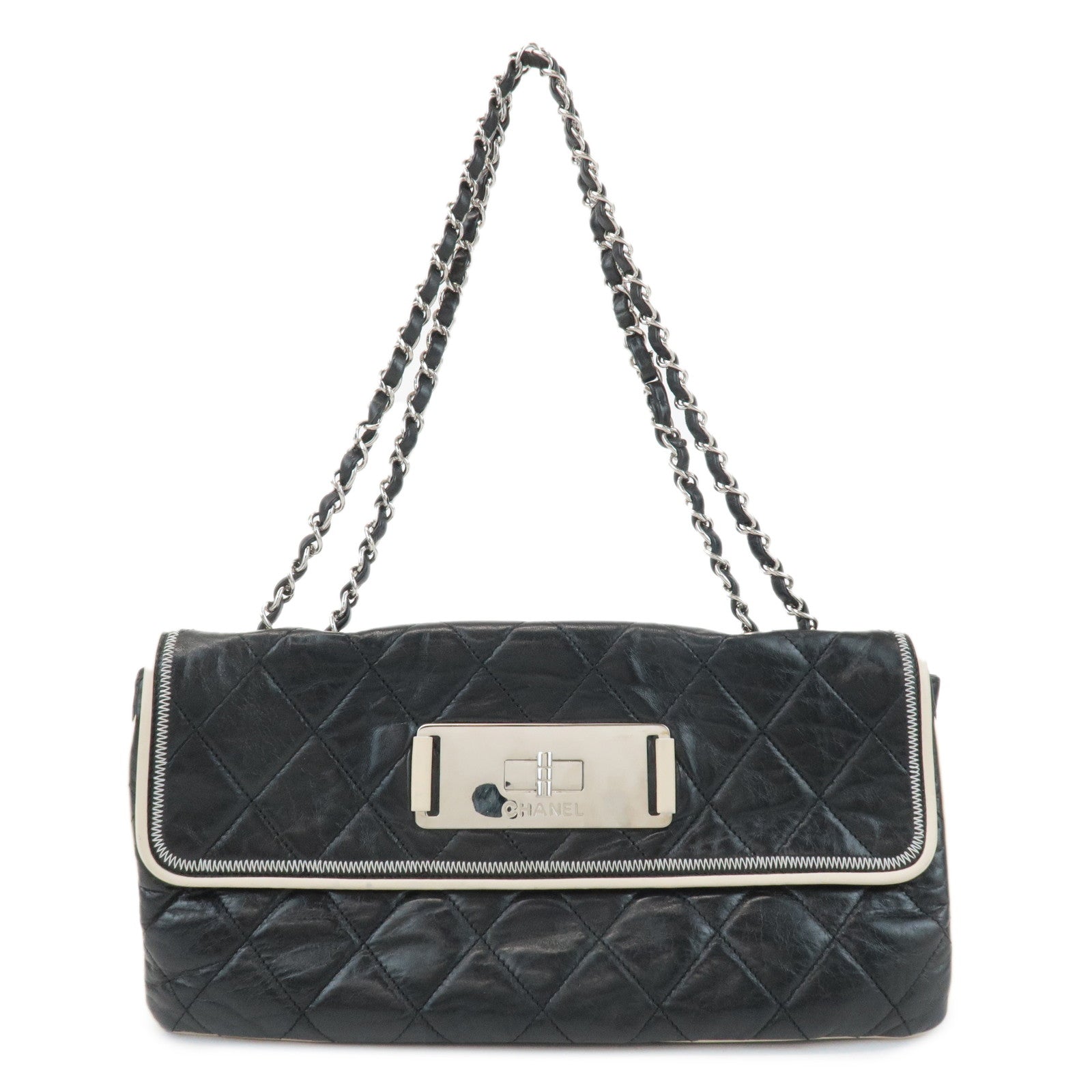 CHANEL-2.55-Bicolor-Leather-Chain-Shoulder-Bag-Black-Ivory