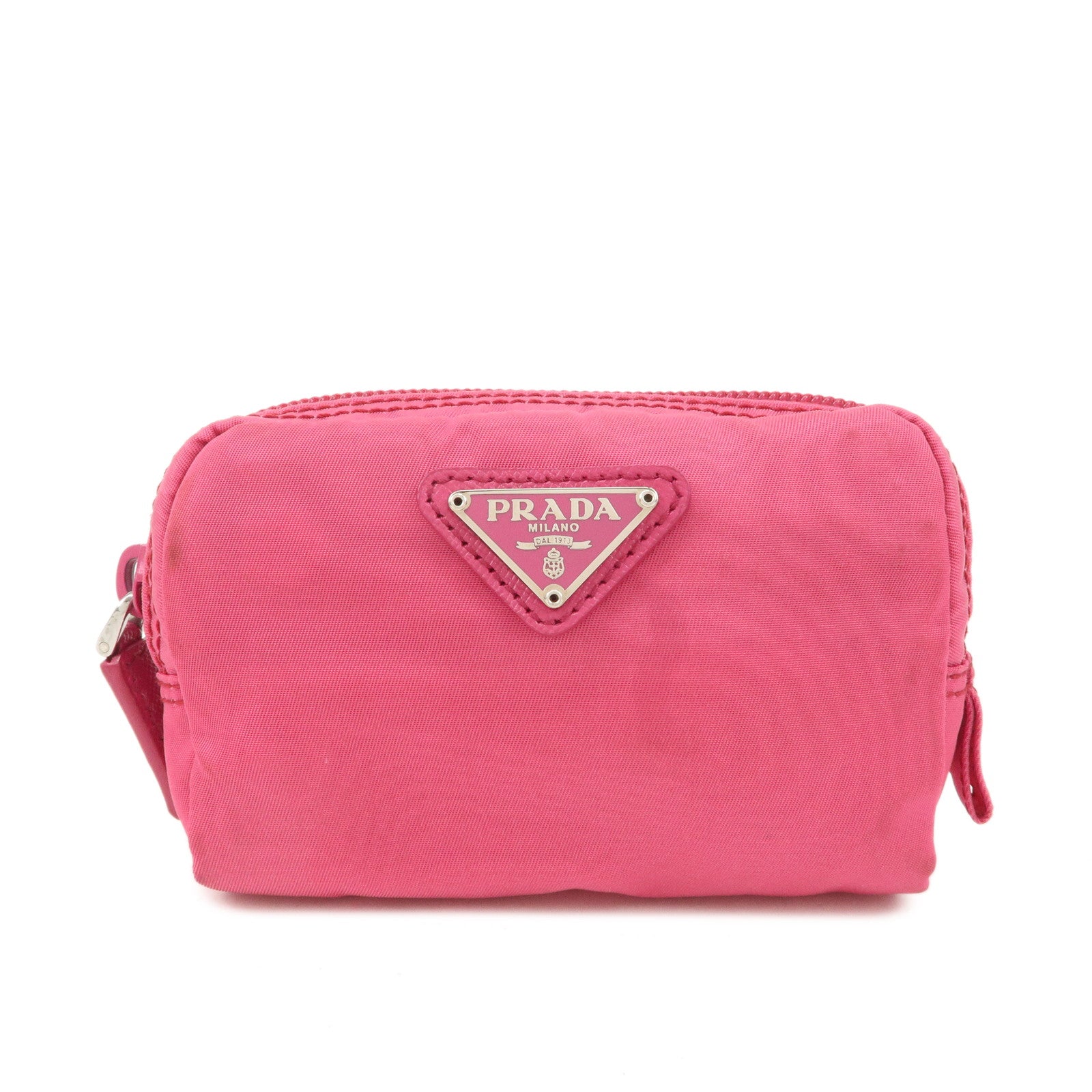 PRADA-Logo-Nylon-Leather-Pouch-Cosmetic-Pouch-Pink-Silver-HDW